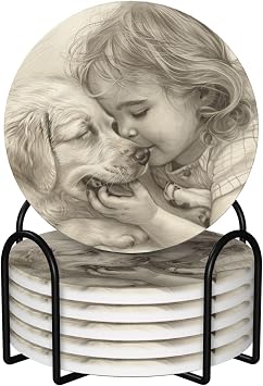 6Pcs Ceramic Drink Coaster with Holder, Ceramic Round Coaster Little Girl and Dog Cup Coasters for Drinks, Coasters for Coffee Table Washable Bar Drink Coaster for Bar Kitchen Home Apartment