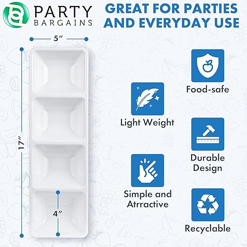 Miniatura 3 de Party Bargains Bandeja rectangular seccional desechable blanca (paquete de 4) de 5 x 16 pulgadas. Bandeja de plástico con 4 compartimentos para