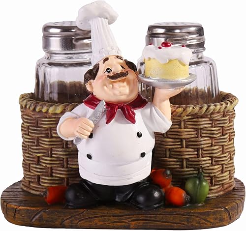 Juego de saleros y pimenteros, estatua decorativa de chef sentado, organizador de especias, tarros de especias de vidrio con soporte, figura de