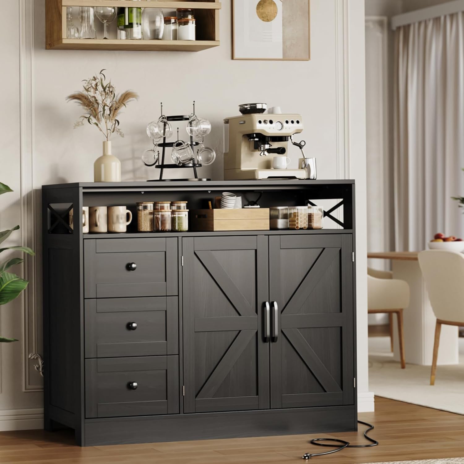PeakPursuit Modern Farmhouse Sideboard with Built-in Outlet, 3 Drawers & Barn Doors - Black Storage Buffet Cabinet with Adjustable Shelf, for Living Room, Kitchen, Dining Room As TV Stand, Coffee Bar