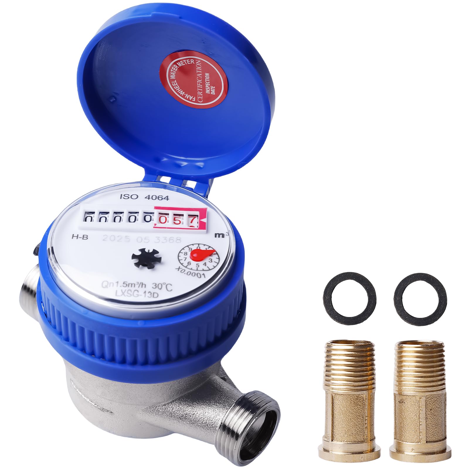 Compteur d'eau de jardin 1/2 pouce calibré, compteur d'eau froide avec accessoires de montage et couvercle de protection, 0-40 ℃ 1,5 m³/h, matériau fer/ABS, affichage numérique et aiguilles, pour la