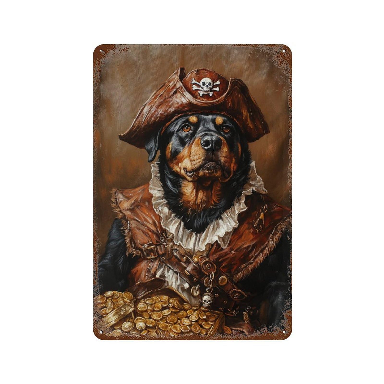 Pirate Dog Treasure Chest-99 11.8"x7.9" Rust Effect Tin Sign, Vintage Wall Decor for Farmhouse, Kitchen And Entryway Decor