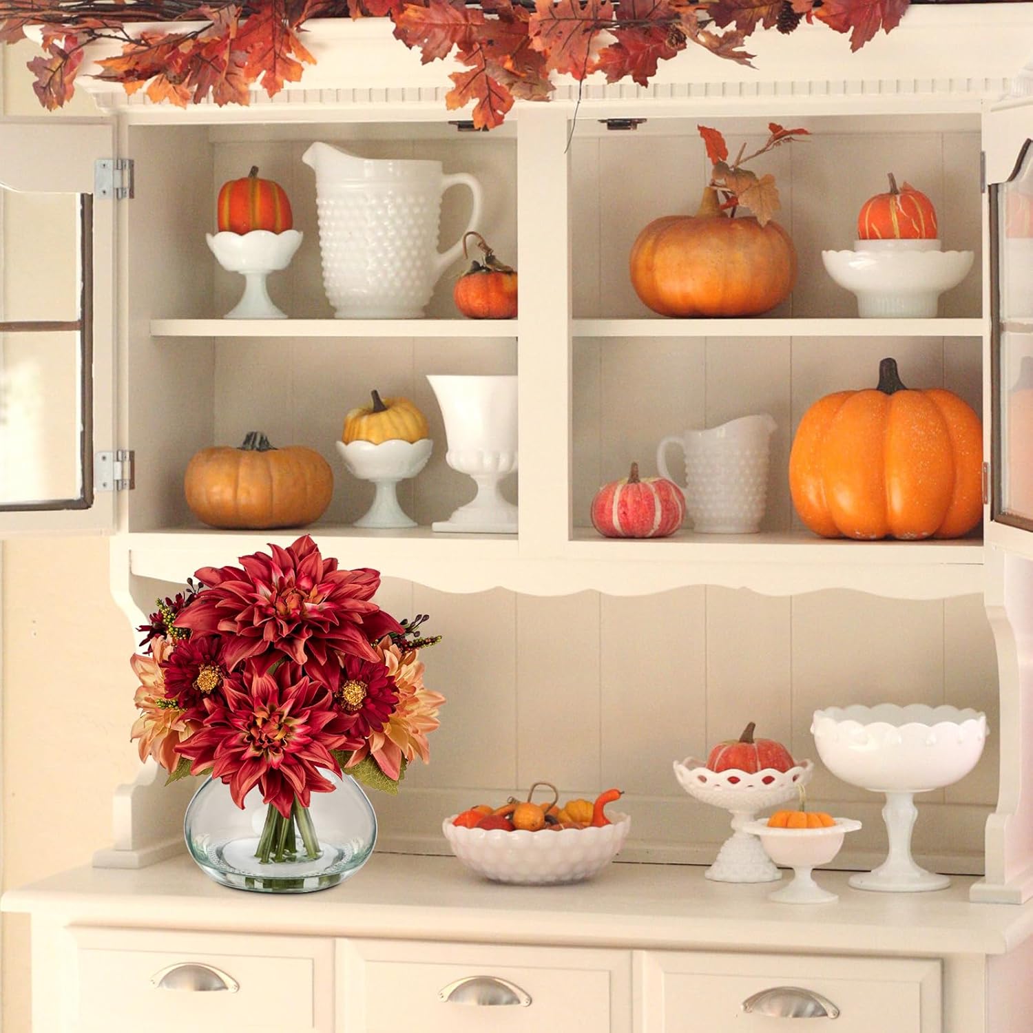 Briful Faux Fall Flowers in Vase, Artificial Dahlia & Mum Silk Floral Arrangement with Clear Glass Vase Fake Autumn Flowers Bouquet for Home Office Dining Room Table Centerpiece Decoration - Image 5