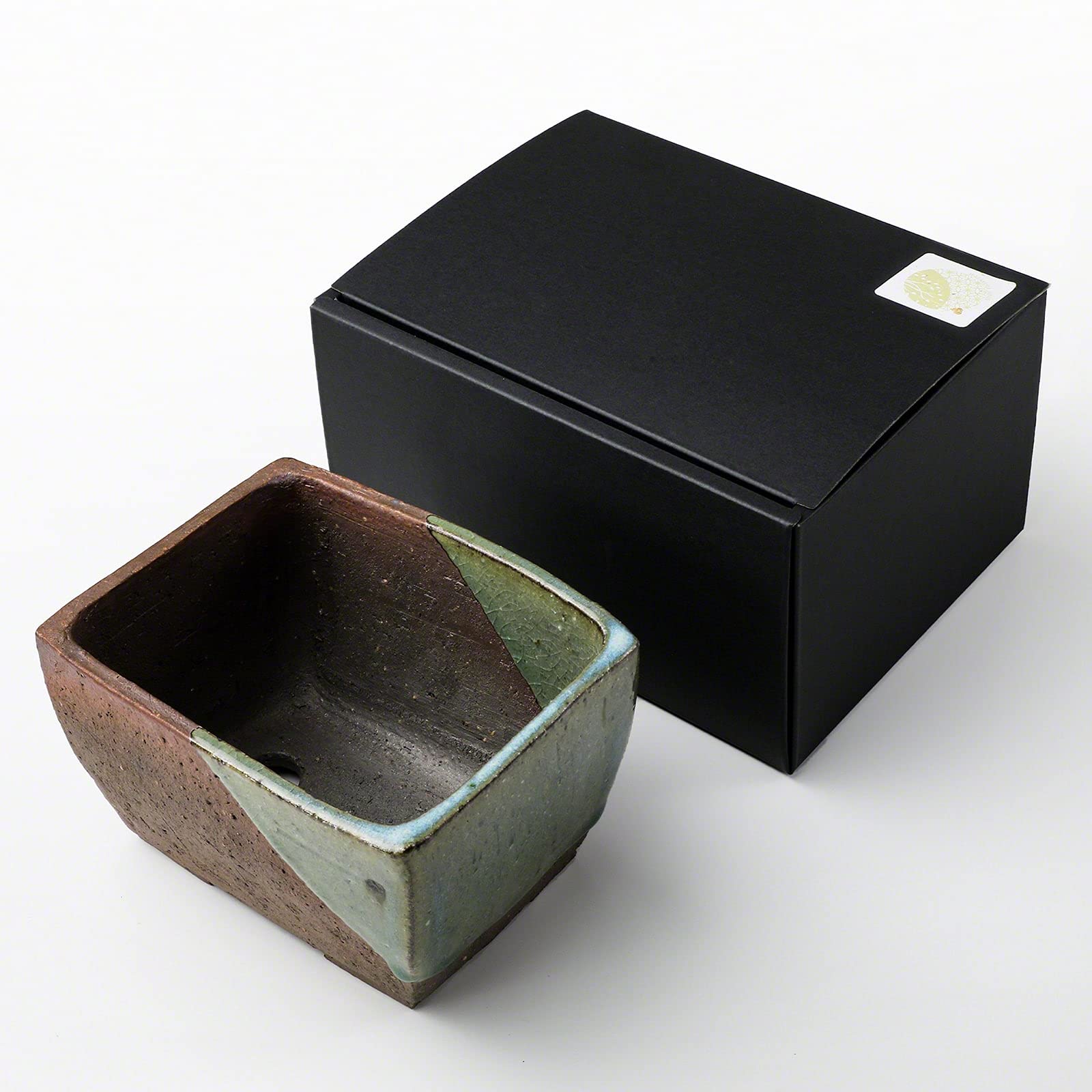 Wazakura Tokoname Serie Handgefertigte Rechteckige Glasierte Bonsai Schale mit Ablauflöchern, Keramik, 135 mm, Made in Japan, Kleiner Gartenbehälter, dekorativer Blumentopf – Braun/Grün