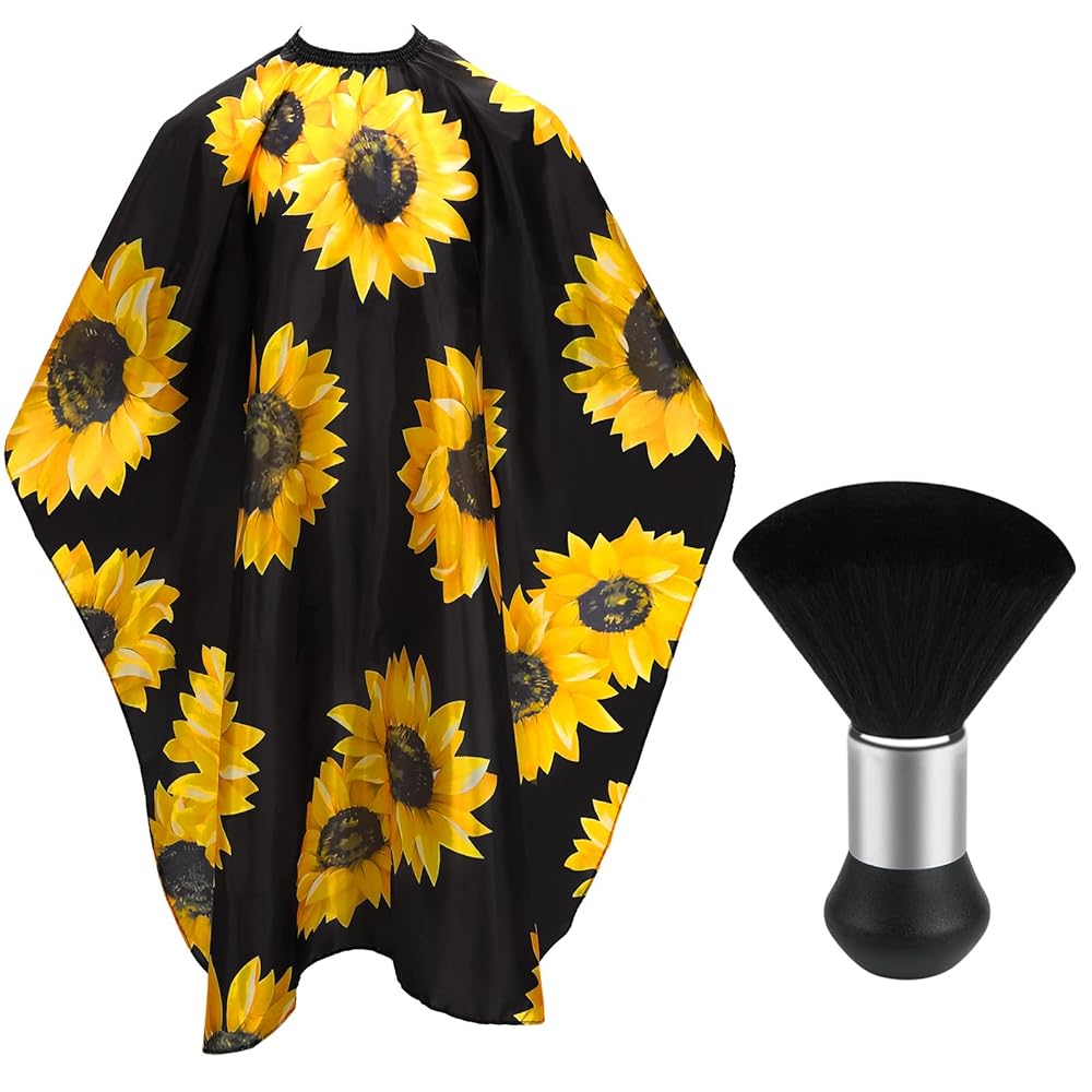 FEBSNOW Barber Cape Waterproof Professional Hair Cutting Cape Neck Duster Brush for Haircut Black Sunflower Salon Beard Hairdressing Kits 46.8  56 Inches