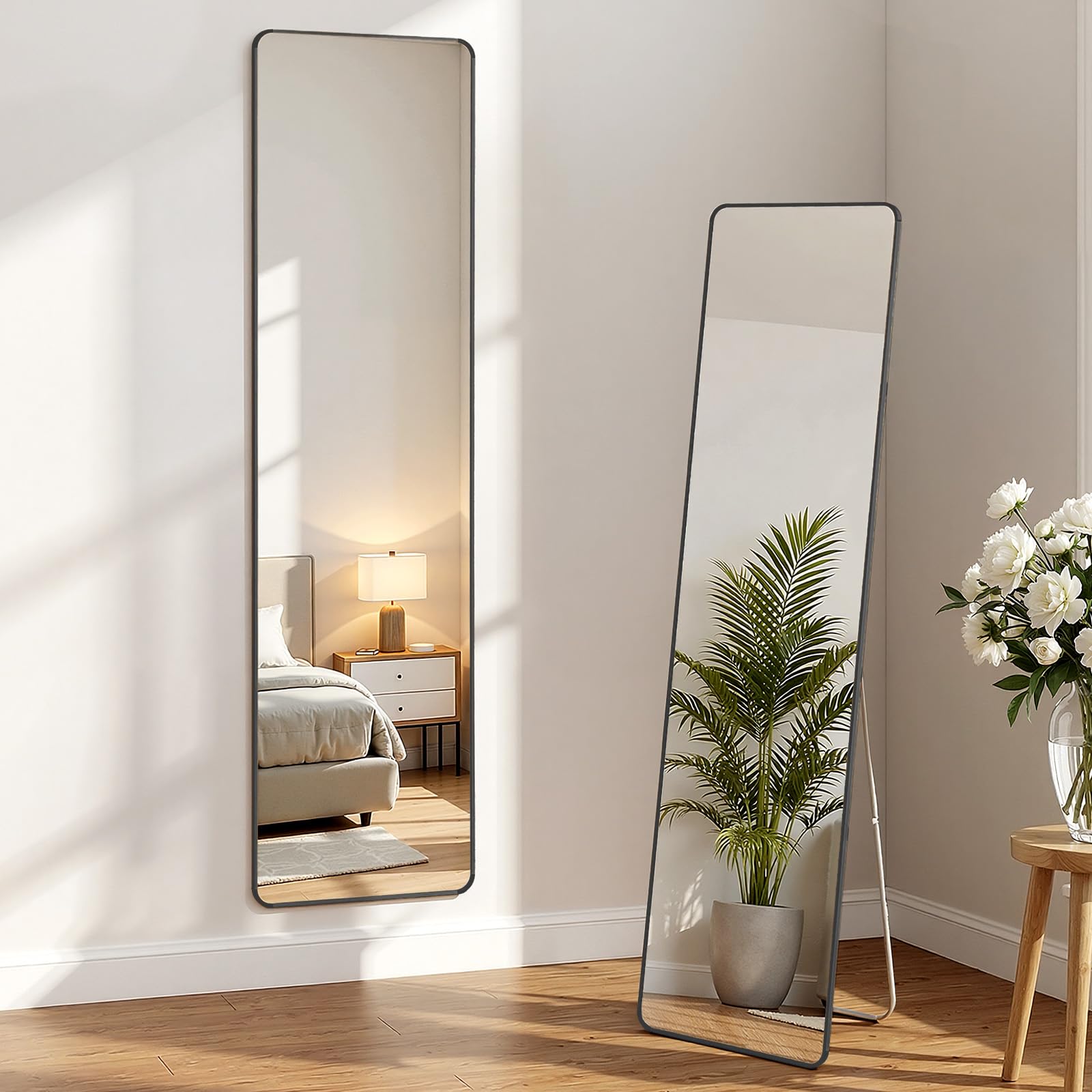Warmiehomy Full Length Mirror, 155x45cm Rectangle Standing Full Body Long Mirror Hanging or Leaning Against Wall for Bedroom Living Room(Black