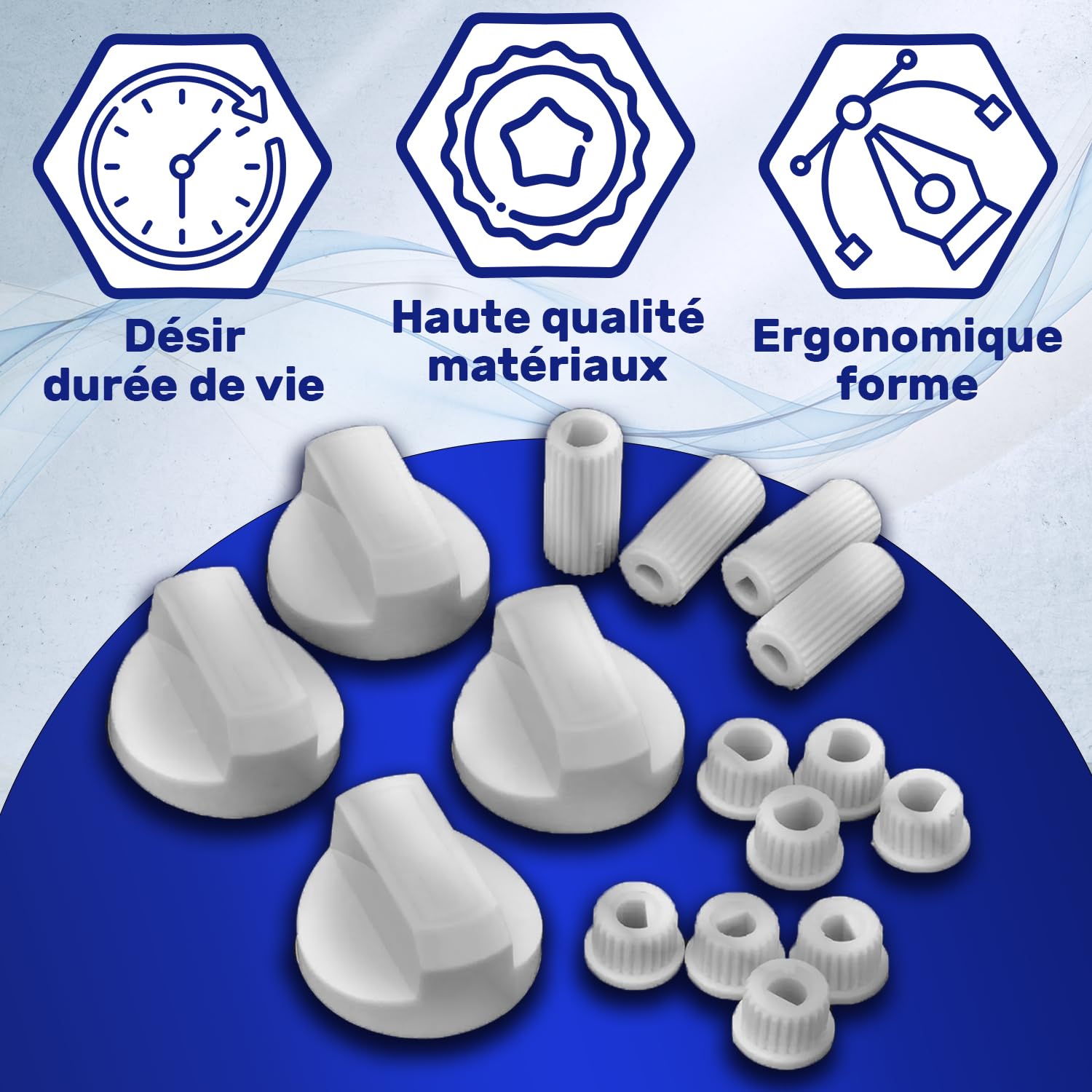 Boutons De Cuisinière Gaz MONTERAL - Set De 4 Blancs + Adaptateurs - Universels Pour Axe Ø6mm Et Ø8mm