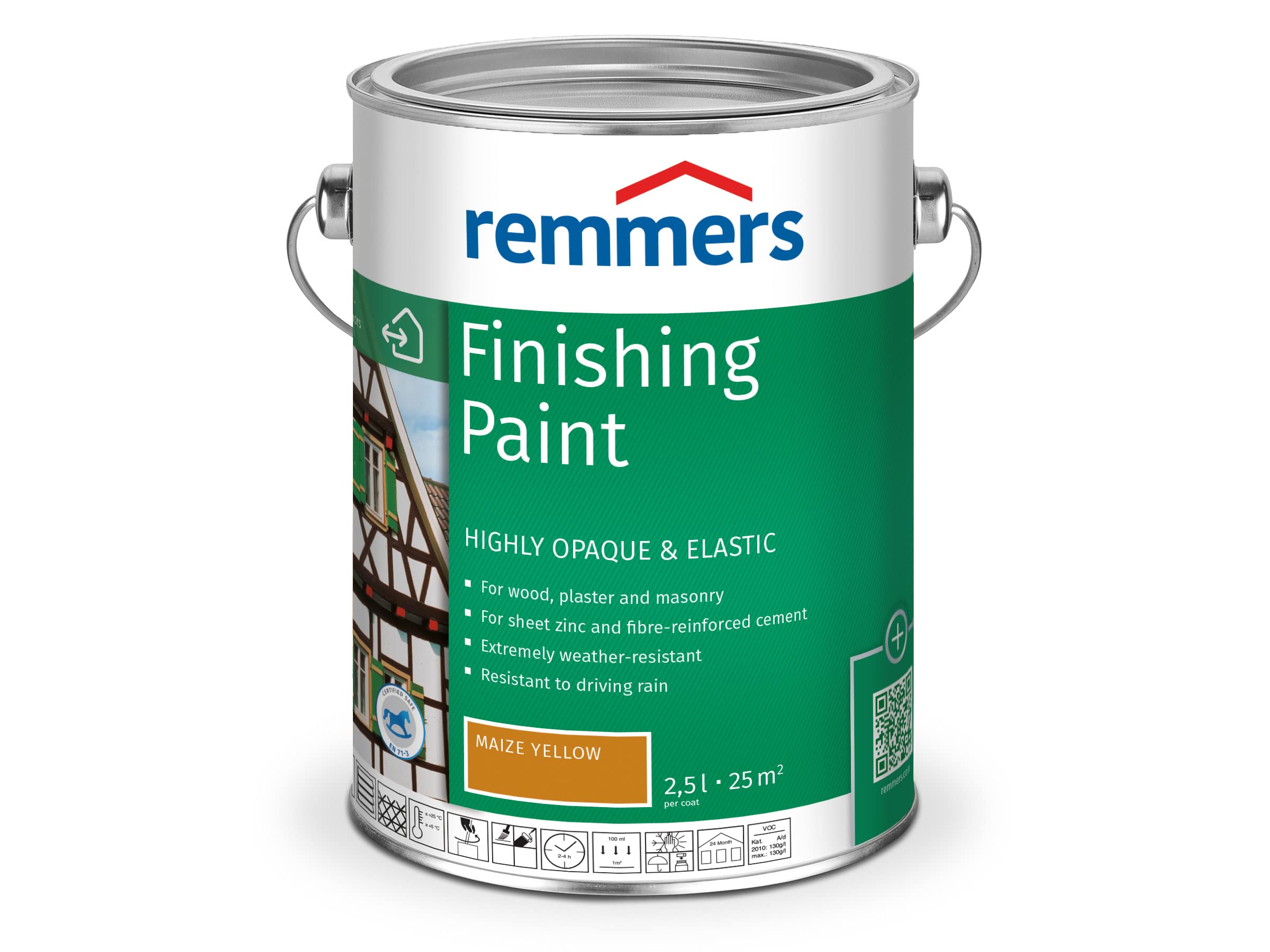 Remmers Finishing Paint maize yellow, 2,5 litres, water-based finishing paint for interior and exterior use, weather protection paint for wood, zinc, mineral and many other substrates โ image 1