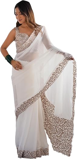 SAREE MALL Women's Multicolor Pure Chiffon Embroidered Saree With Unstitched Blouse Piece (KRIYNS3201_KH_Parent)