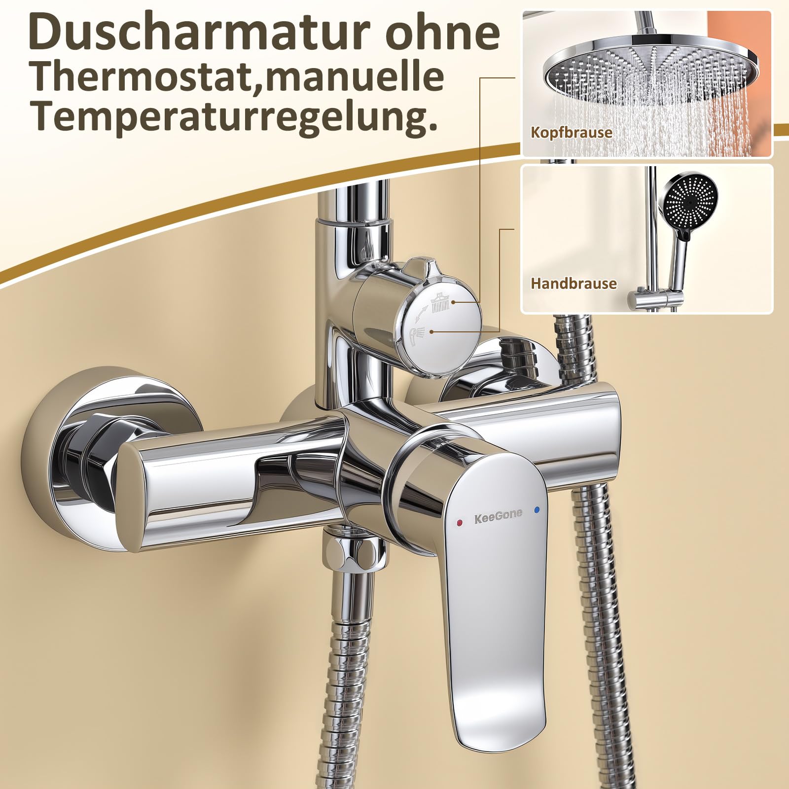 Duschsystem mit Armatur Höhenverstellbare Dusche ohne Thermostat 26 cm Großflächen Regendusche & 3-funktion Handbrause Edelstahl Duschsystem Set