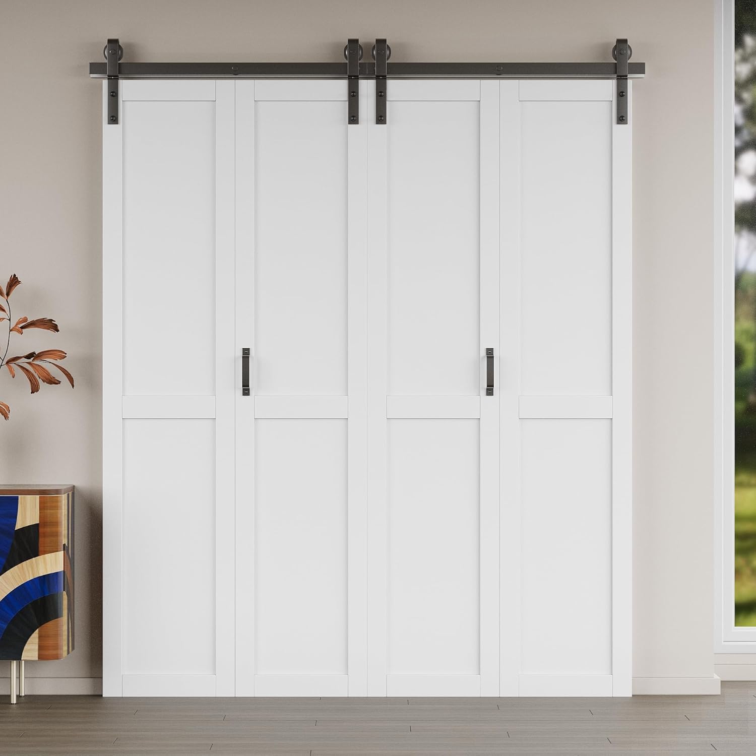 80" (40" x2) x 84" Bifold Barn Doors with 44" x 2 Hardware Track Kit Included & Handle, Pre-Assembled MDF Panel Bi Fold Barn Door, Water-Resistant PVC Surface Bifold Sliding Barn Door, H-Shape