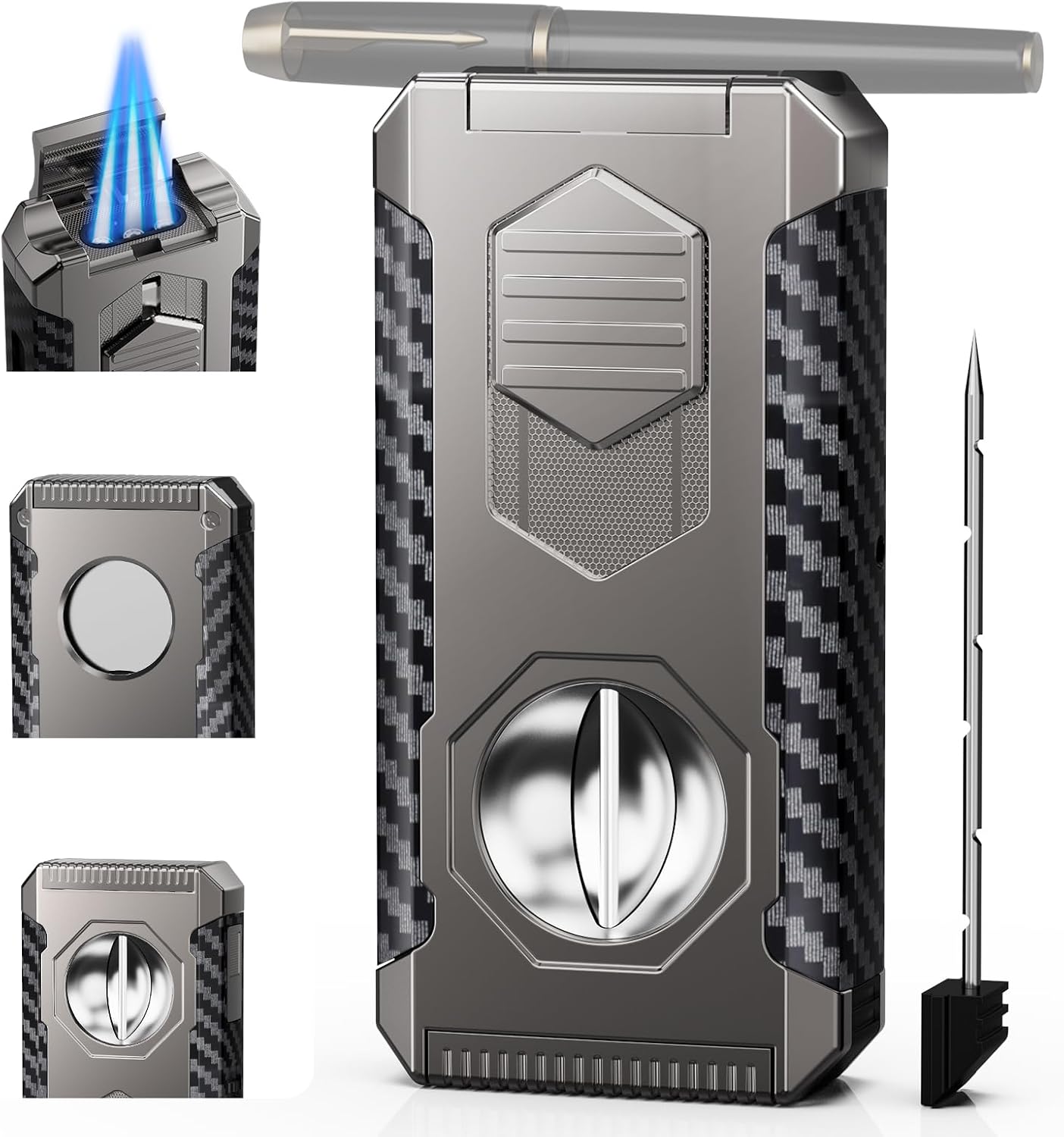 5-in-1 Refillable Torch Lighter with Triple Jet Flame, Straight Shear, Holder, Draw Enhancer Tool, Adjustable Windproof Butane Lighters, Cool Lighter and Shear Set, Gifts for Men, Candle