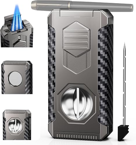 5-in-1 Refillable Torch Lighter with Triple Jet Flame, Straight Shear, Holder