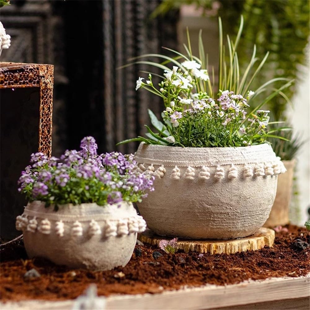 Atmungsaktiver Blumentopf Weißer Blumentopf mit rundem Webmuster und Fransen, Ablaufloch, Desktop-Blumentopf aus Zement for Balkon, Wohnzimmer, Küche, Pflanzenbehälter (2 Größen) pflanztopf(Groß)