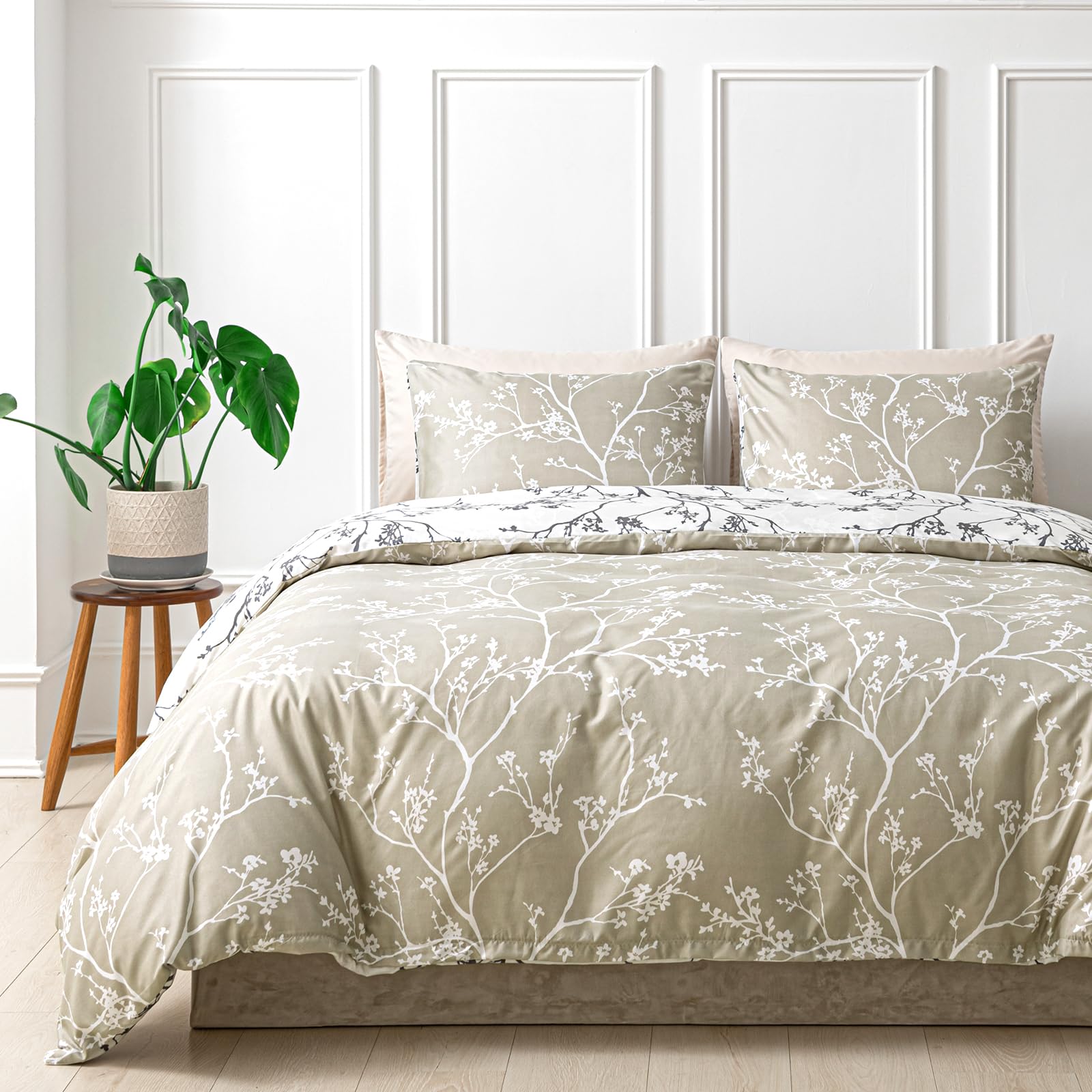 Lekesky Reversible Duvet Cover Queen Size, Cyan Branch Pattern, 3-Piece