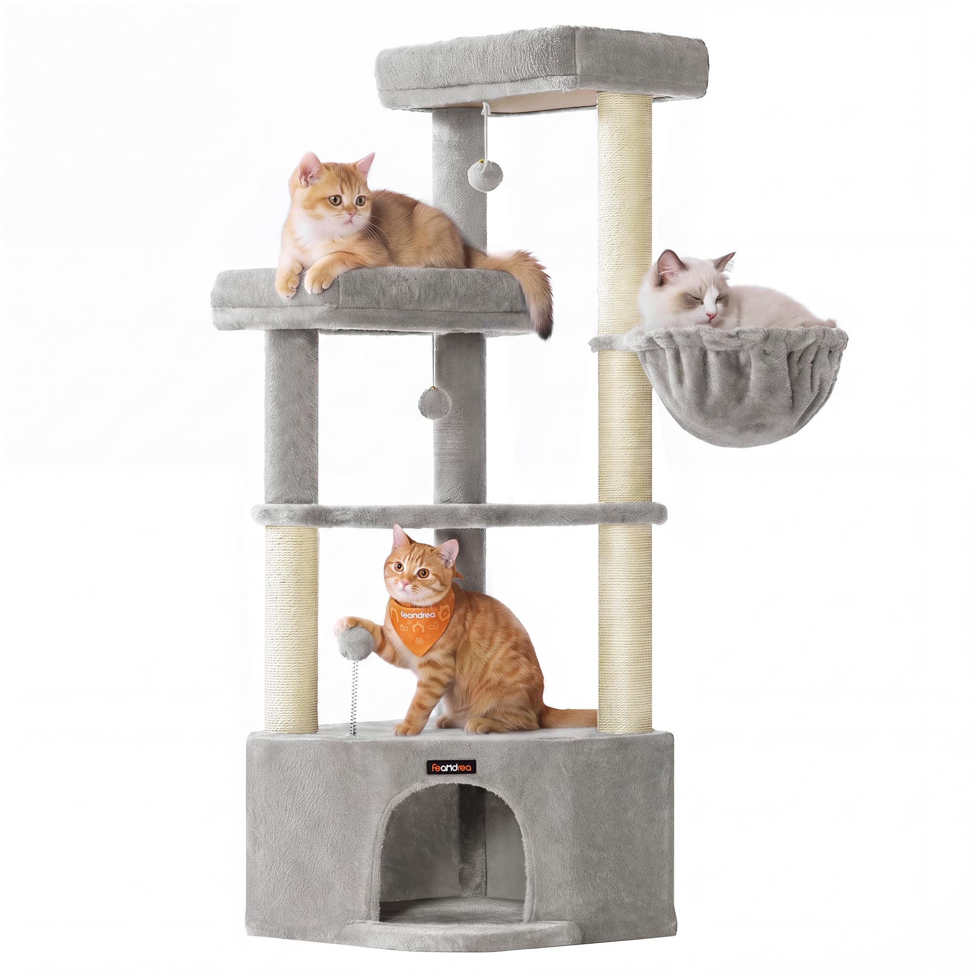 Feandrea Kratzbaum, mit großer Kuschelhöhle, 48,5 x 48,5 x 140,7 cm | Katzenkratzbaum, mit großen Plattformen, Plüschbällen, Liegemulde, taubengrau, CLAWFY Kollektion PCT009G01