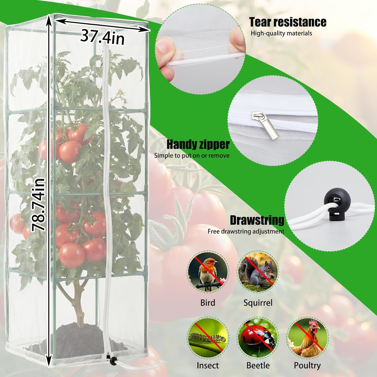 Qunclay Complete Garden Protection Kit – 3 Pack Tomato Cages Adjustable 57” + 3 Pack Garden Bird Netting Plant Covers (79” x 37”) for Vegetables, Fruits & Flowers from Insects & Birds