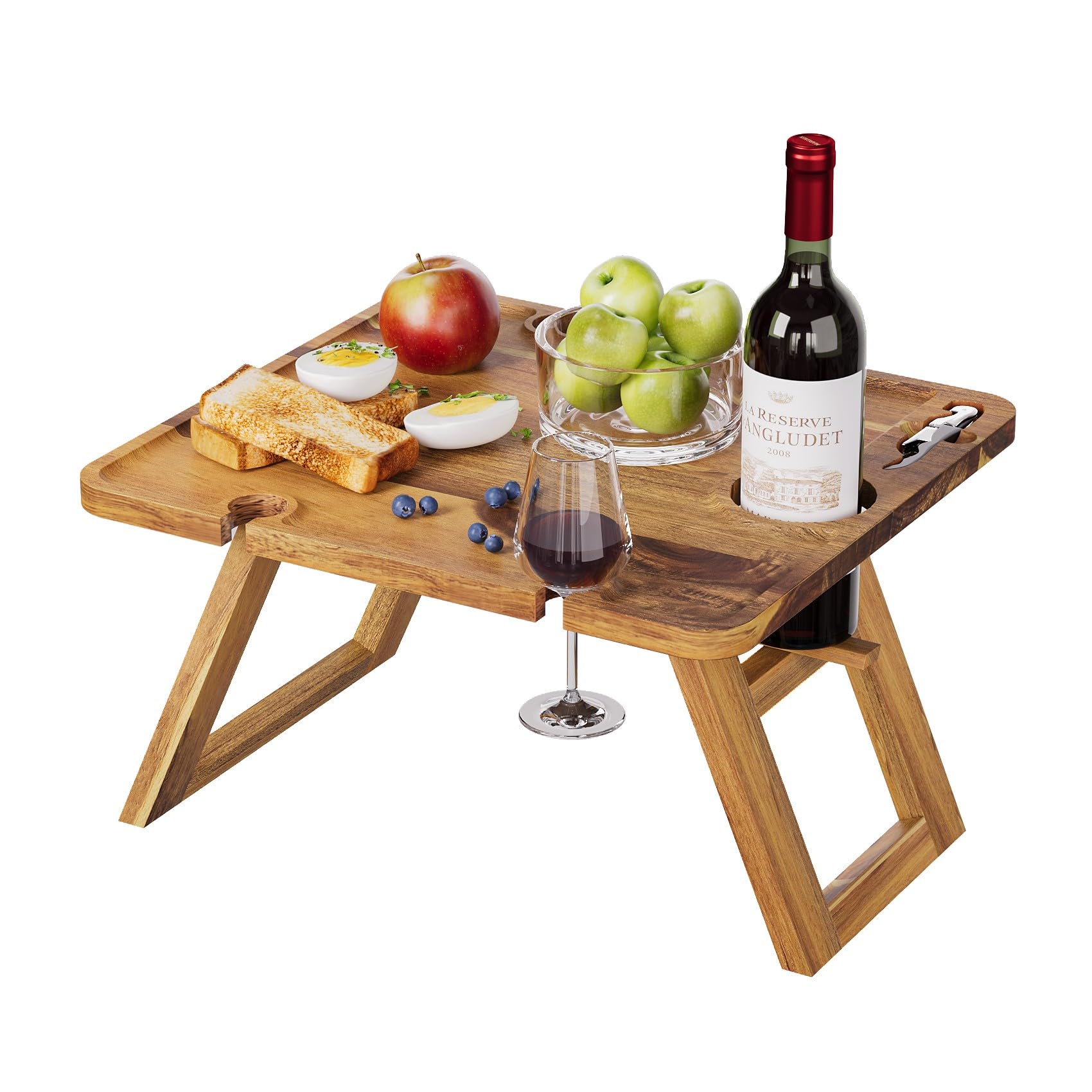Smart FENDEE Acacia Wood Wine Picnic Table, Outdoors Low Floor Portable Beach Table, Foldable Cheese Tray for Eating with Bottle Opener Ideal Wine Lover Gift, Camping, Concerts at Park
