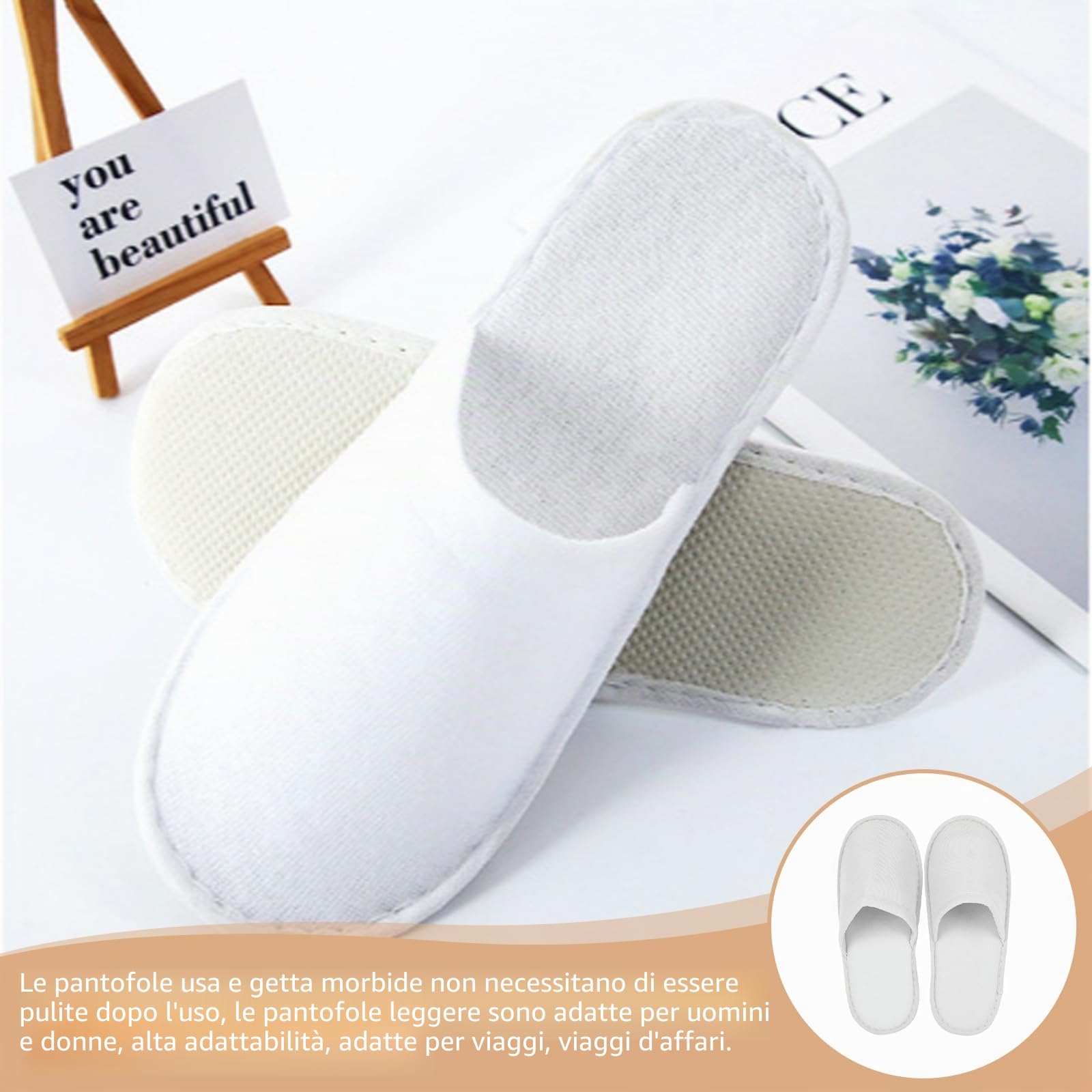 Pantofole da Hotel Bianche per Donna e Uomo 20 Paia, Pantofole Antiscivolo, Pantofole per Ospiti, Taglia Universale, Pantofole da Bagno Chiuse in Bianco per Hotel, Spa e Ospiti