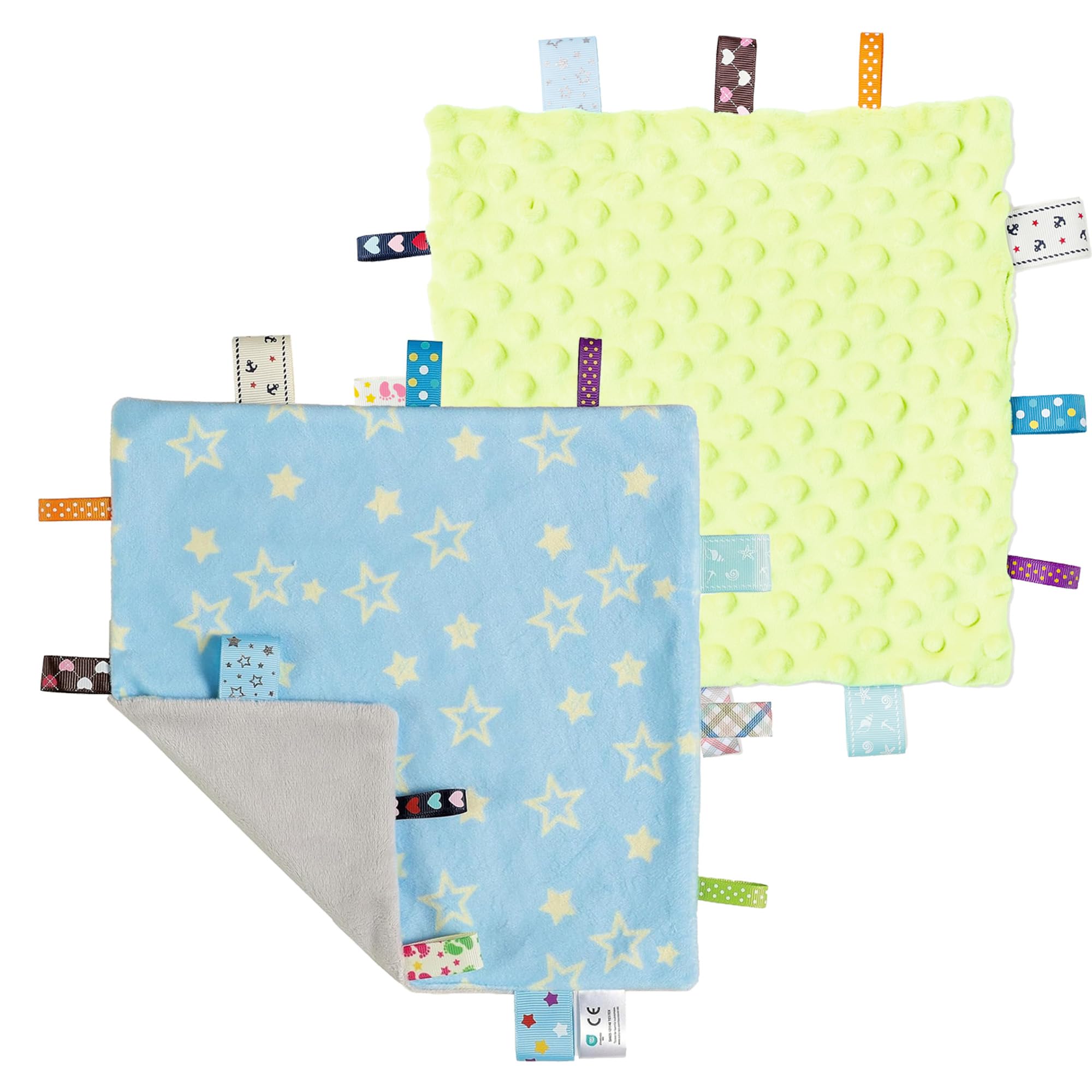 CREVENT Tag Security Blankets for Babies, Soft Small Loveys for Boys, Baby Comforter Sensory Blanket, Great Gifts for Birthday Baby Shower - 10"X10" Green + Blue Star