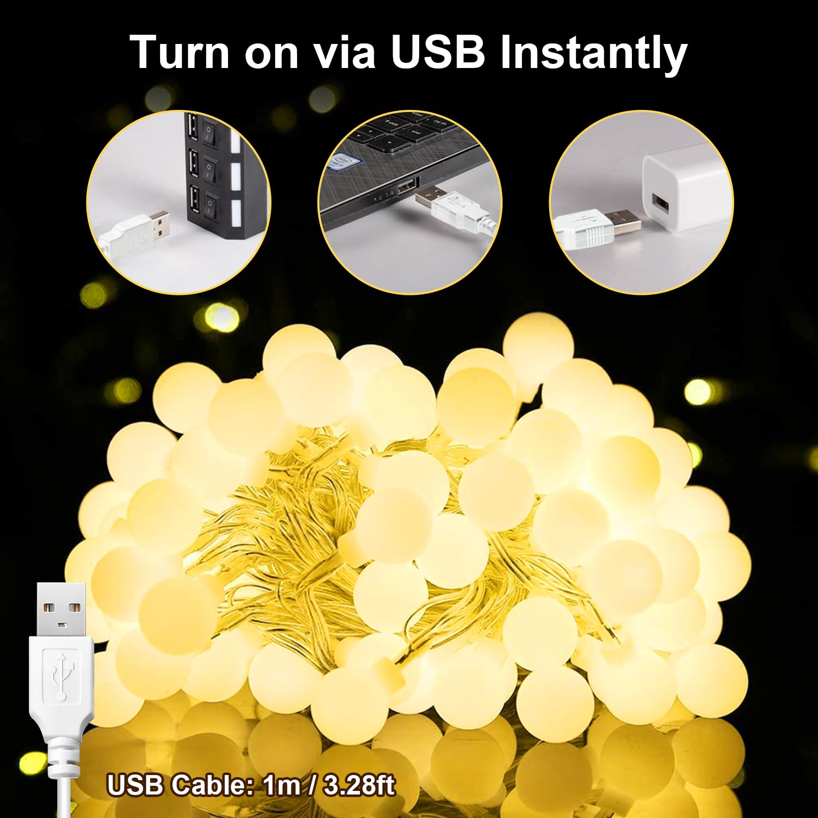 Bigzom USB Indoor Fairy Lights, 7m 40LED Spherical Fairy Lights, 5V Warm White Lights for Bedroom Balcony, Parties - Image 3