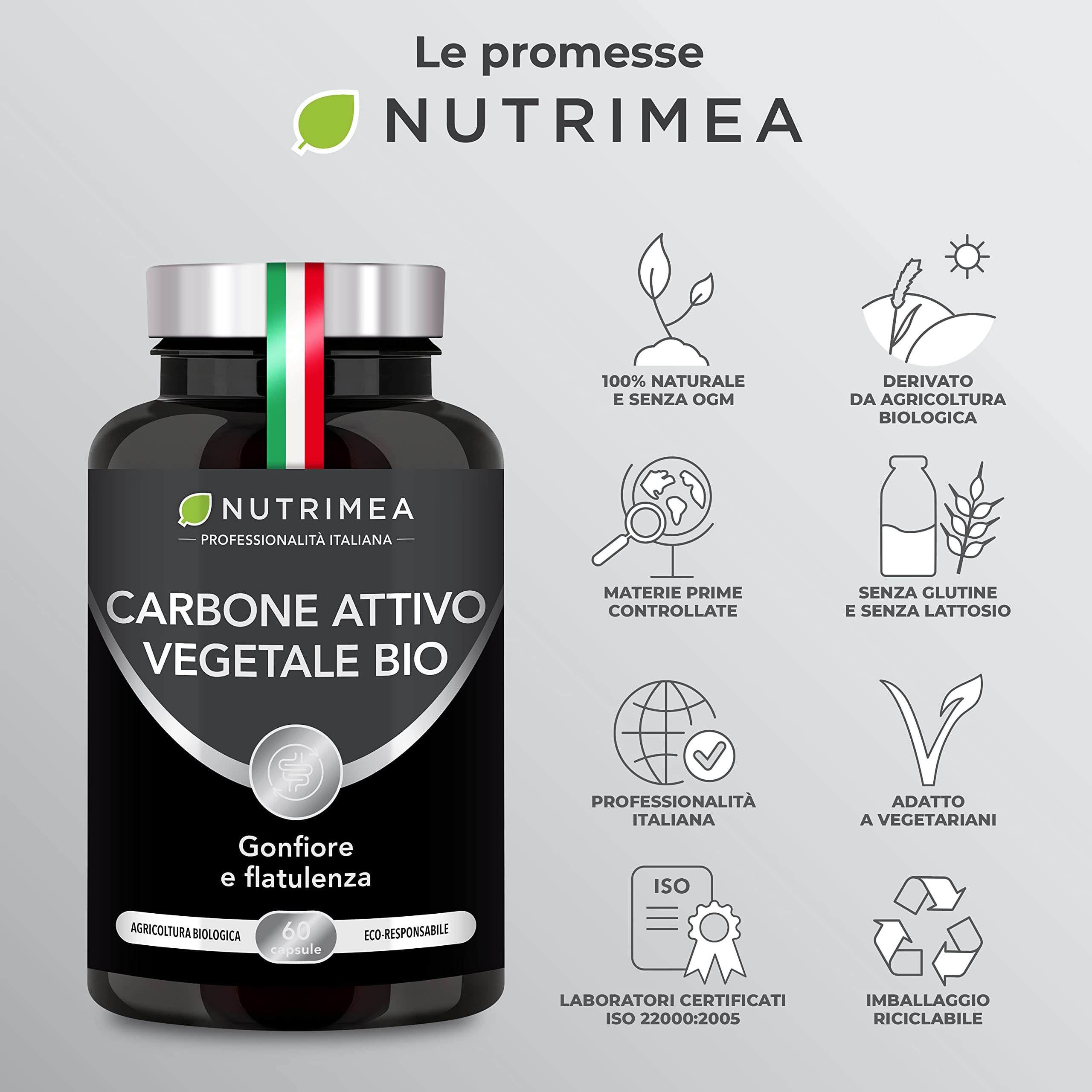 Carbone Attivo Vegetale Biologico I Integratore Contro Gonfiore Addominale, Flatulenza e Meteorismo I Allevia i Disturbi Intestinali I 60 Capsule | Nutrimea