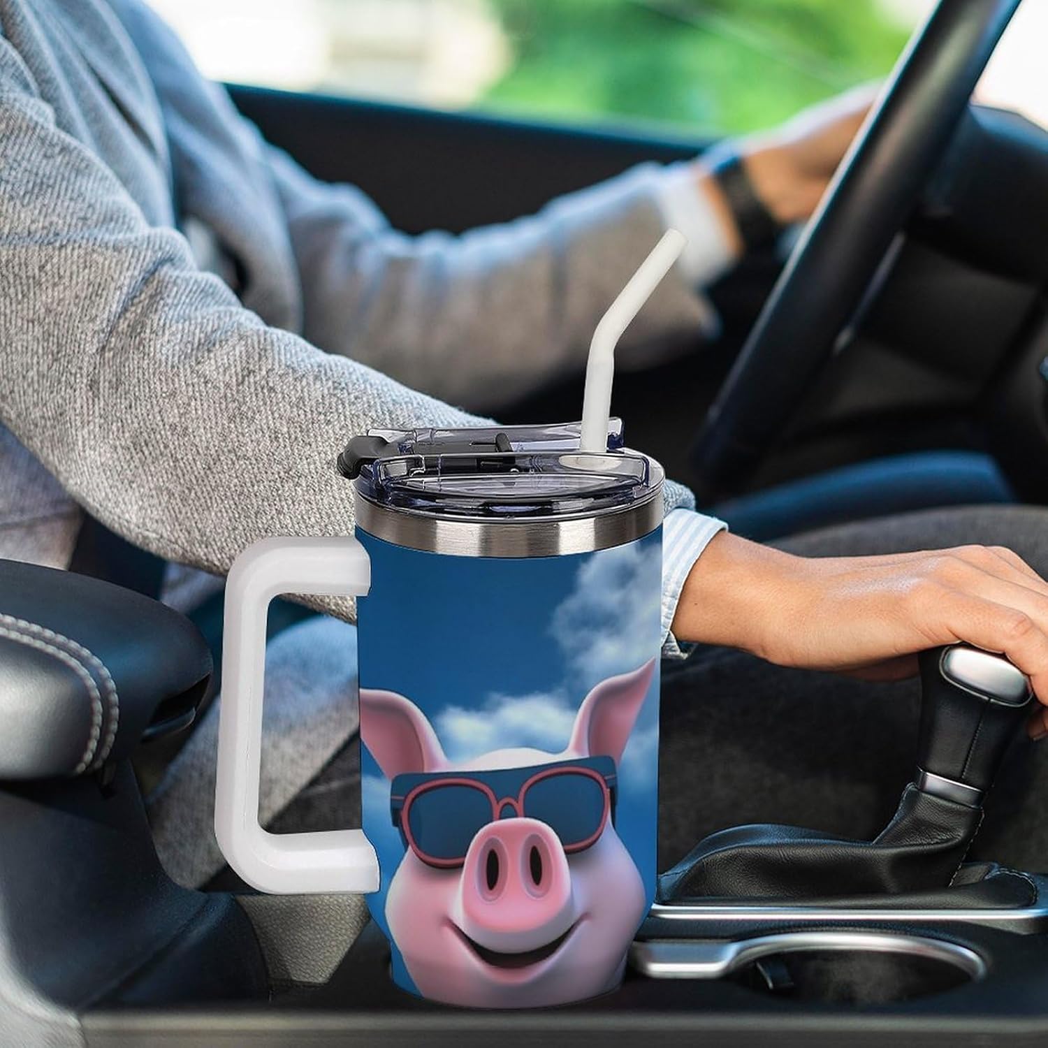 40 Oz Funny Pig Tumbler with Handle And Flip Straw Stainless Steel Vacuum Insulated Travel Coffee Mug Leak Proof Tumbler with Lid Dad Water Bottle Thermal Cup-white