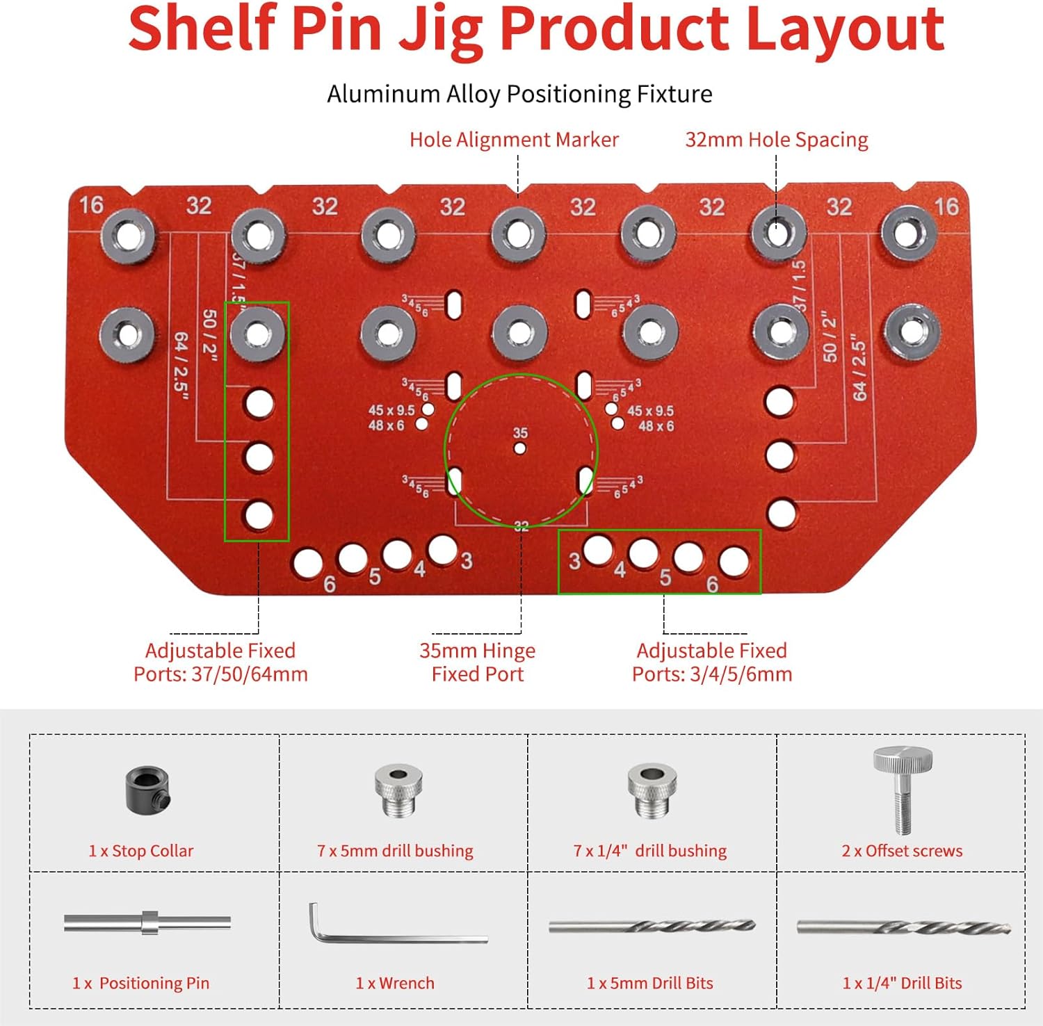 2-in-1 Shelf Pin Jig and Hinge Jig, Aluminum Adjustable Shelf Pin Drilling Jig for 5mm and 1/4" Straight Holes Shelf Peg Hole Jig for DIY Cabinet Woodworking and Home Improvement