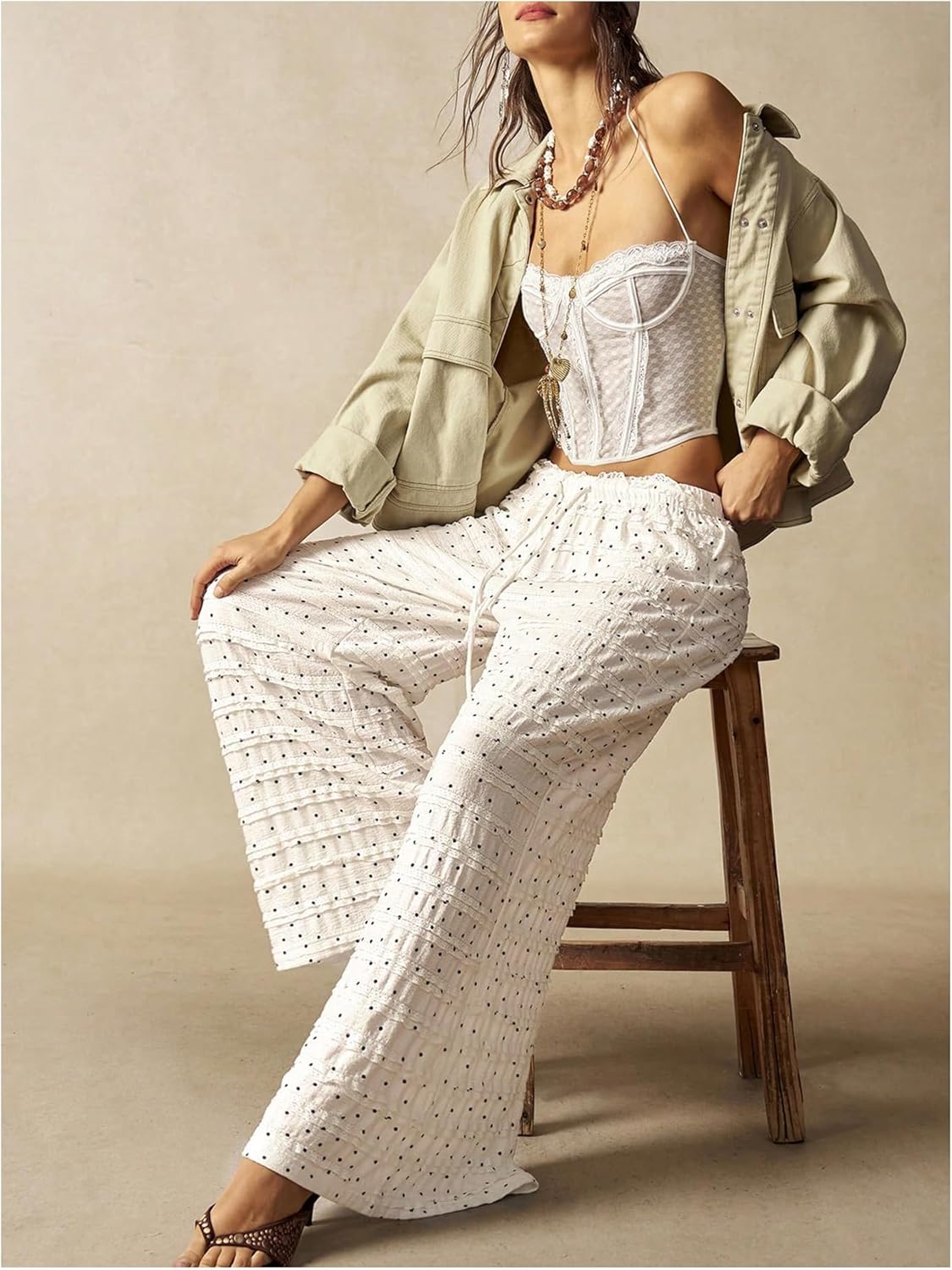 Women's Crochet Lace Pants Ruffle Layered Elastic Waist Mesh Bathing Suit Cover Up Beach Pants