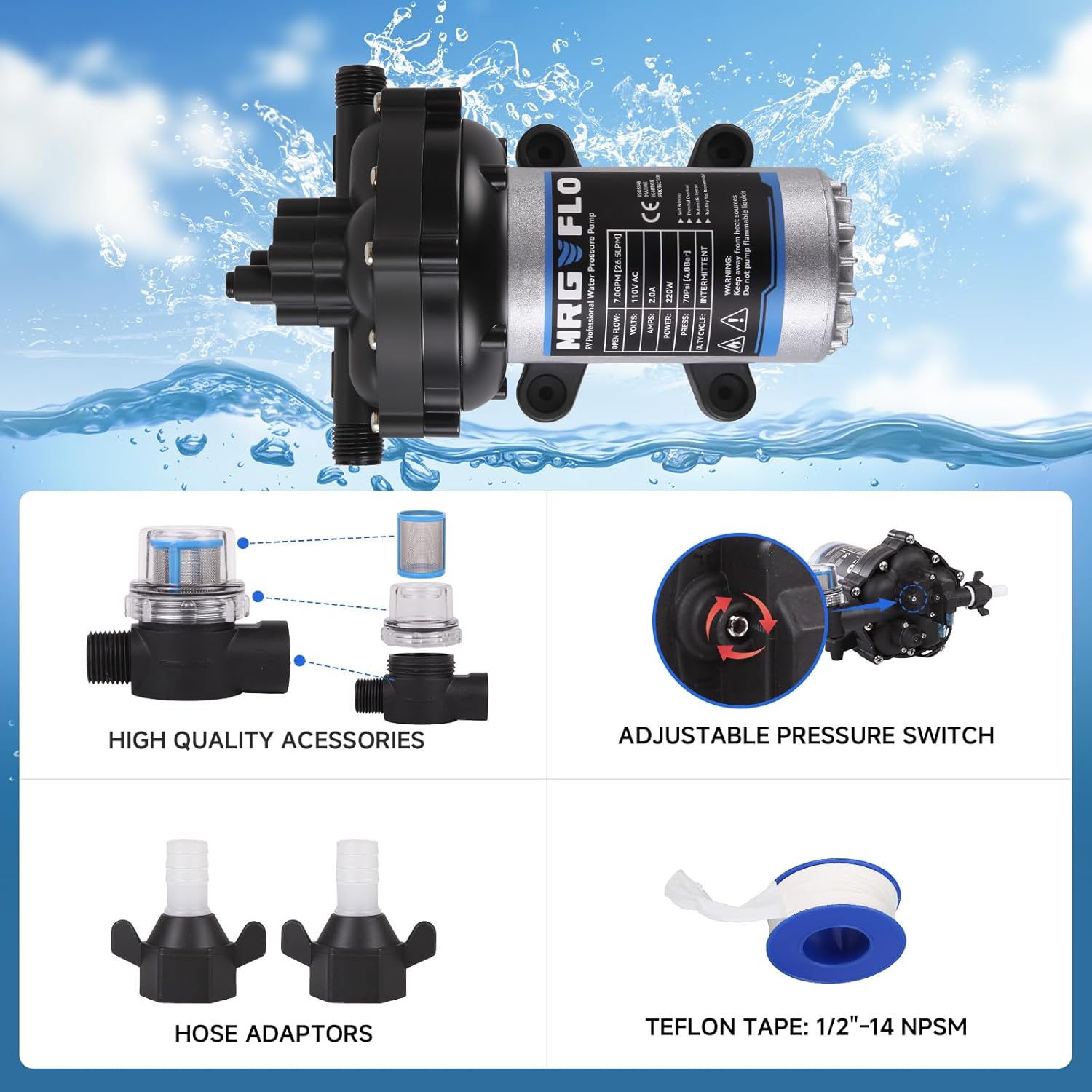 [Upgraded Version] 12V DC RV Fresh Water Pump, 7GPM 70PSI, Five Chamber Self-Priming Diaphragm Pump with Heavy Duty Pressure Switch & Strainer for RV, Marine, Yacht, Caravan, Camper (7GPM-70PSI-12V)