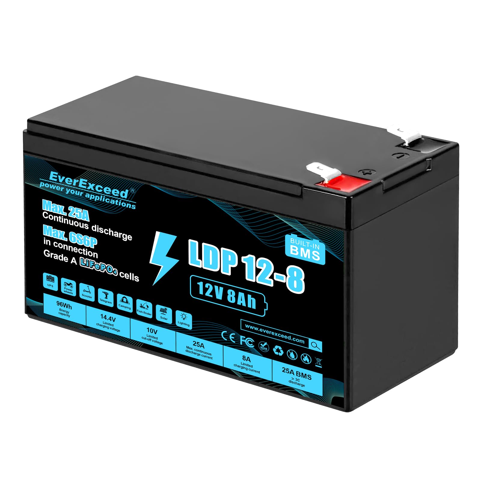 Batteria Lifepo4 12V 8Ah con BMS da 25A integrato, oltre 3000 cicli di carica profonda Batteria Litio 12V per UPS, Power Wheels, energia solare/eolica, illuminazione, ecoscandaglio e altro ancora