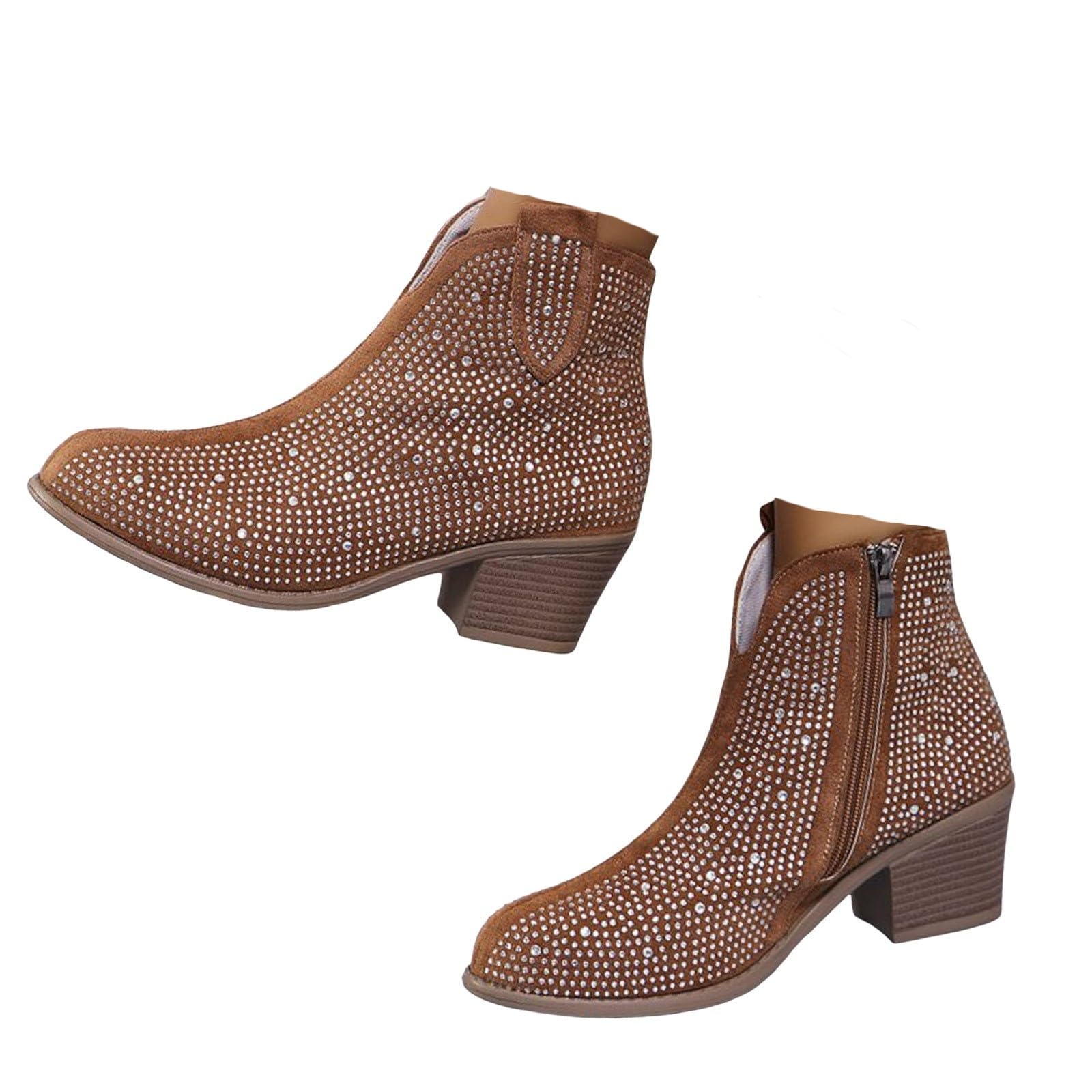 Women Ankle Cowgirl Cowboy Booties Sparkly Rhinestones V Cut Side Zipper Chunky Block Heels Round Toe Pull Tab