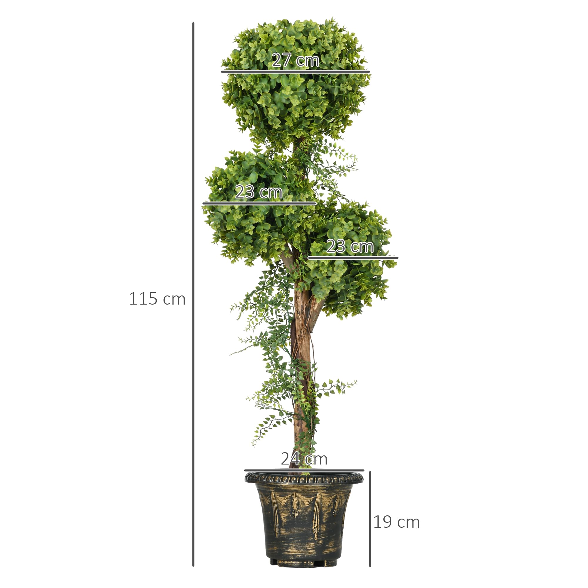 HOMCOM Pianta artificiale 3 palle di bosso con vaso in cemento, per interni ed esterni, altezza 115 cm