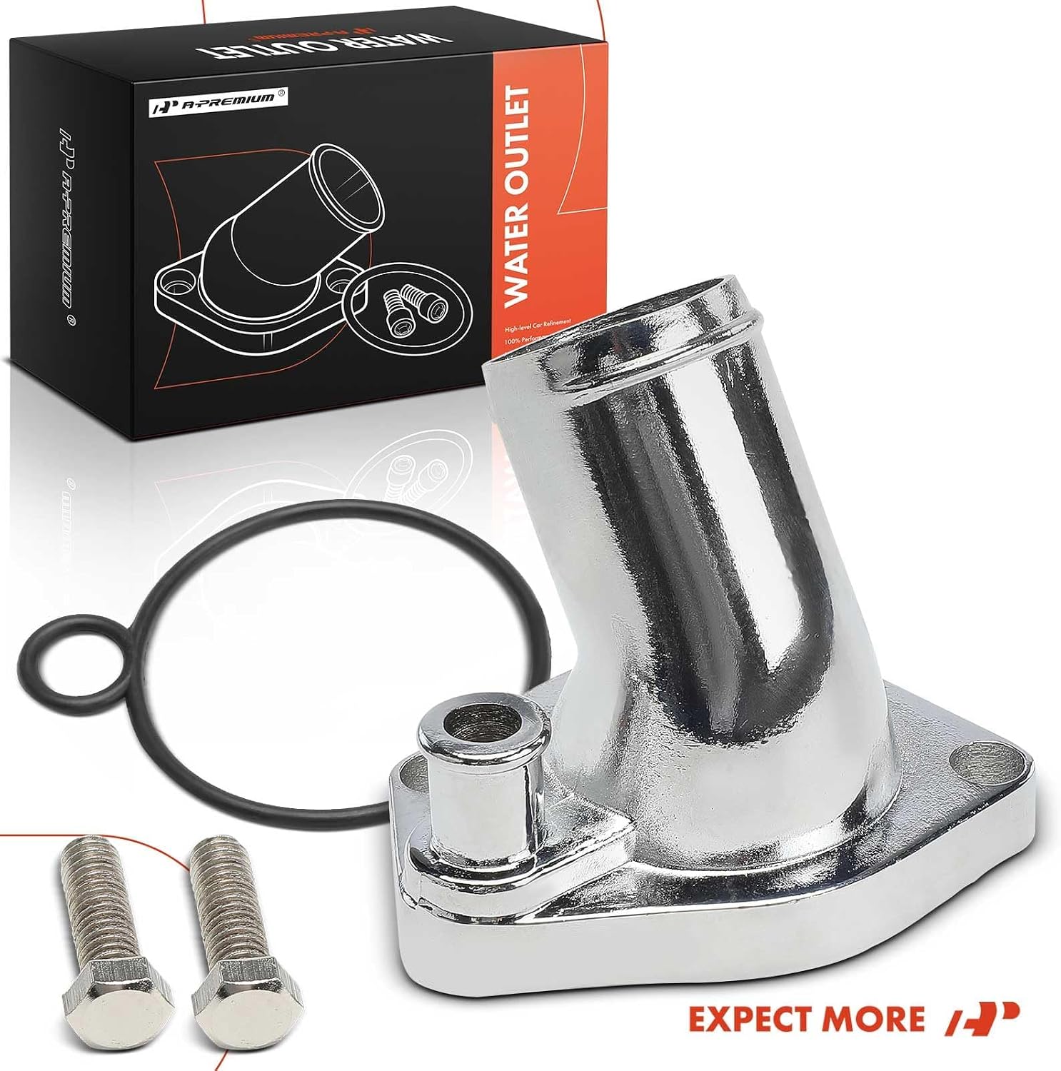 A-Premium Chrome Aluminum 60° Water Neck/Thermostat Housing Compatible with Small Block Ford 1965-1975 221, 289, 302 and 351W engines, with O-Ring & 2 Bolts