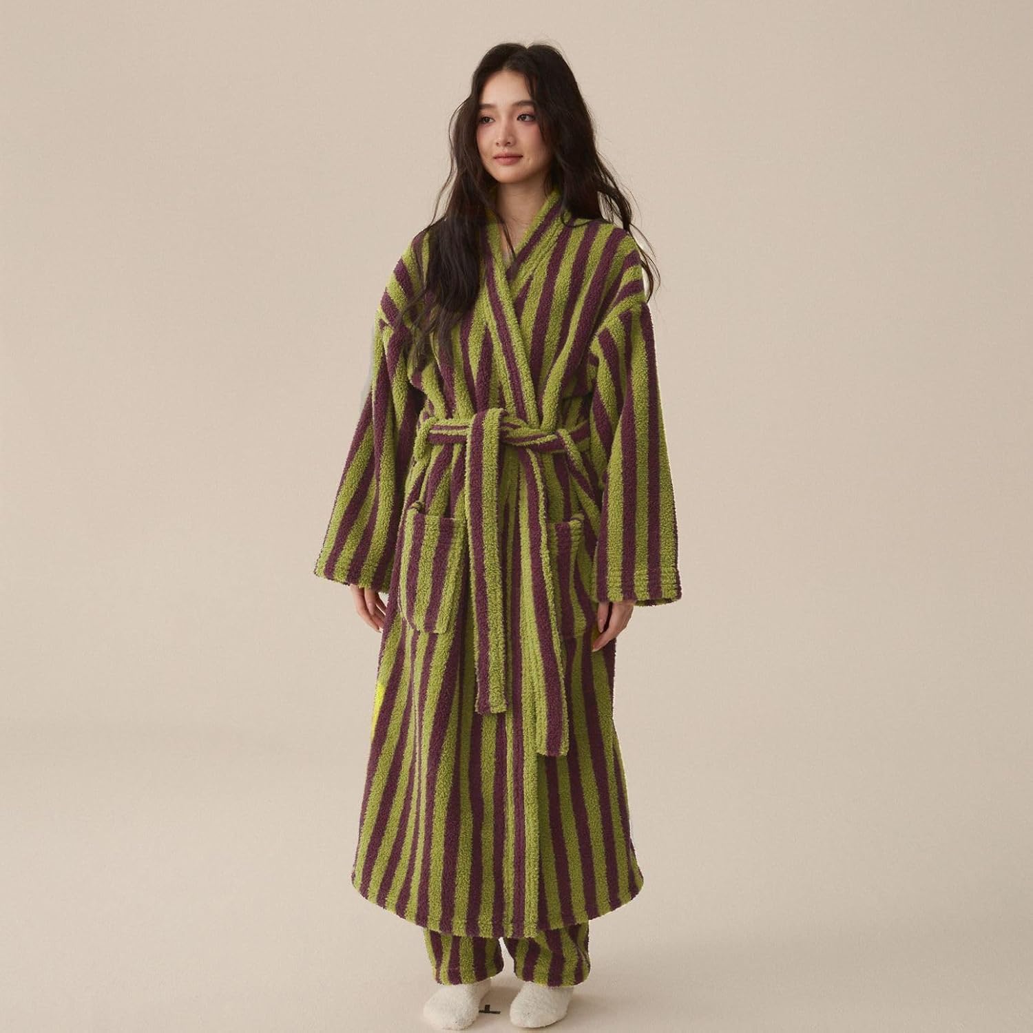 Women's Long Robe Fuzzy Fleece Striped Winter Thick Fluffy Pockets Long Sleeve Plush Kimono Oversized Cozy Warm Belted Hot Tub Bath SPA V Neck Maxi Bathrobe Purple Large