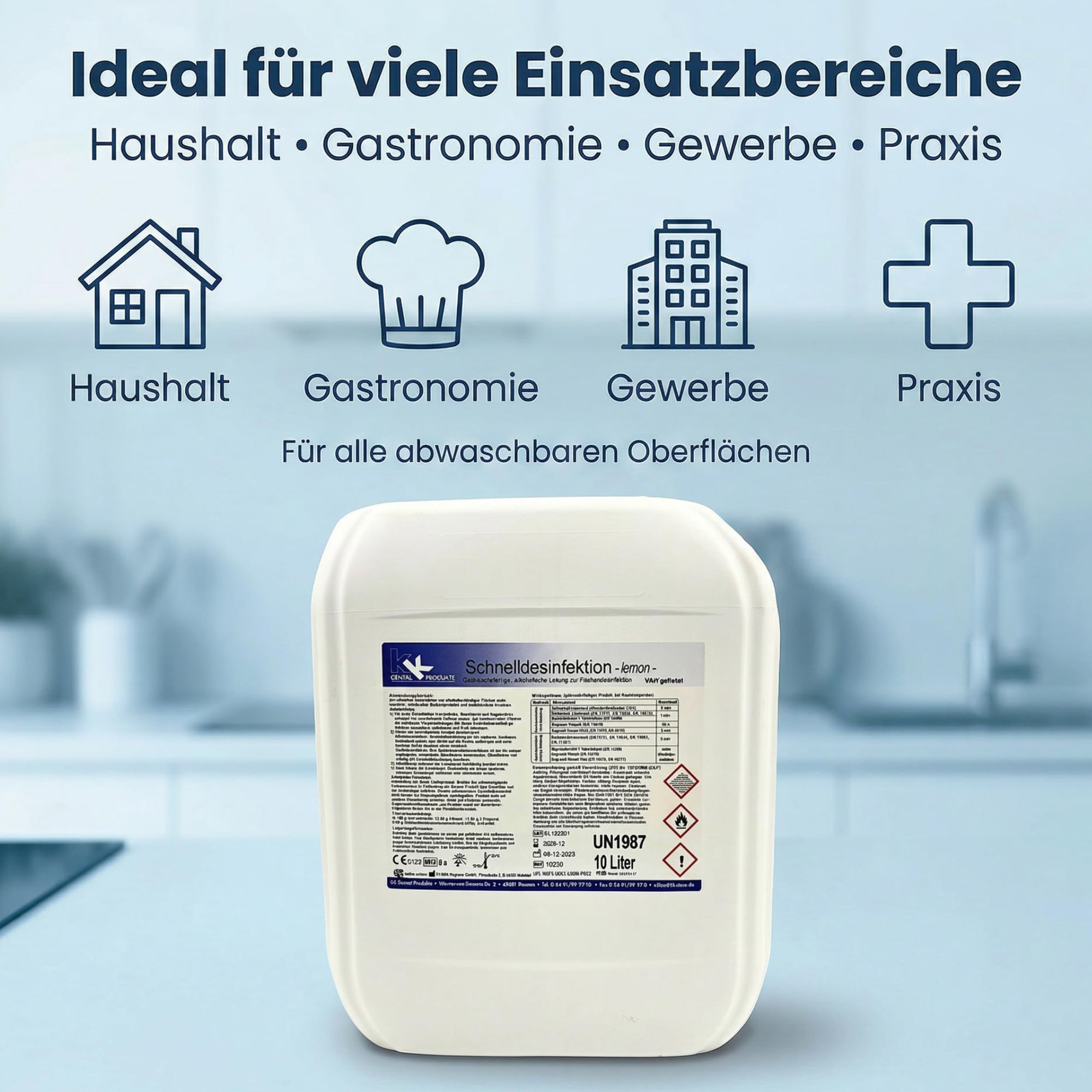 KK Schnelldesinfektion Duft Lemon – Hochwirksames Desinfektionsmittel 10 Liter für Flächen & Oberflächen – Wirksam gegen Bakterien, Viren & Pilze – Ideal für Haushalt, Praxis & Gewerbe
