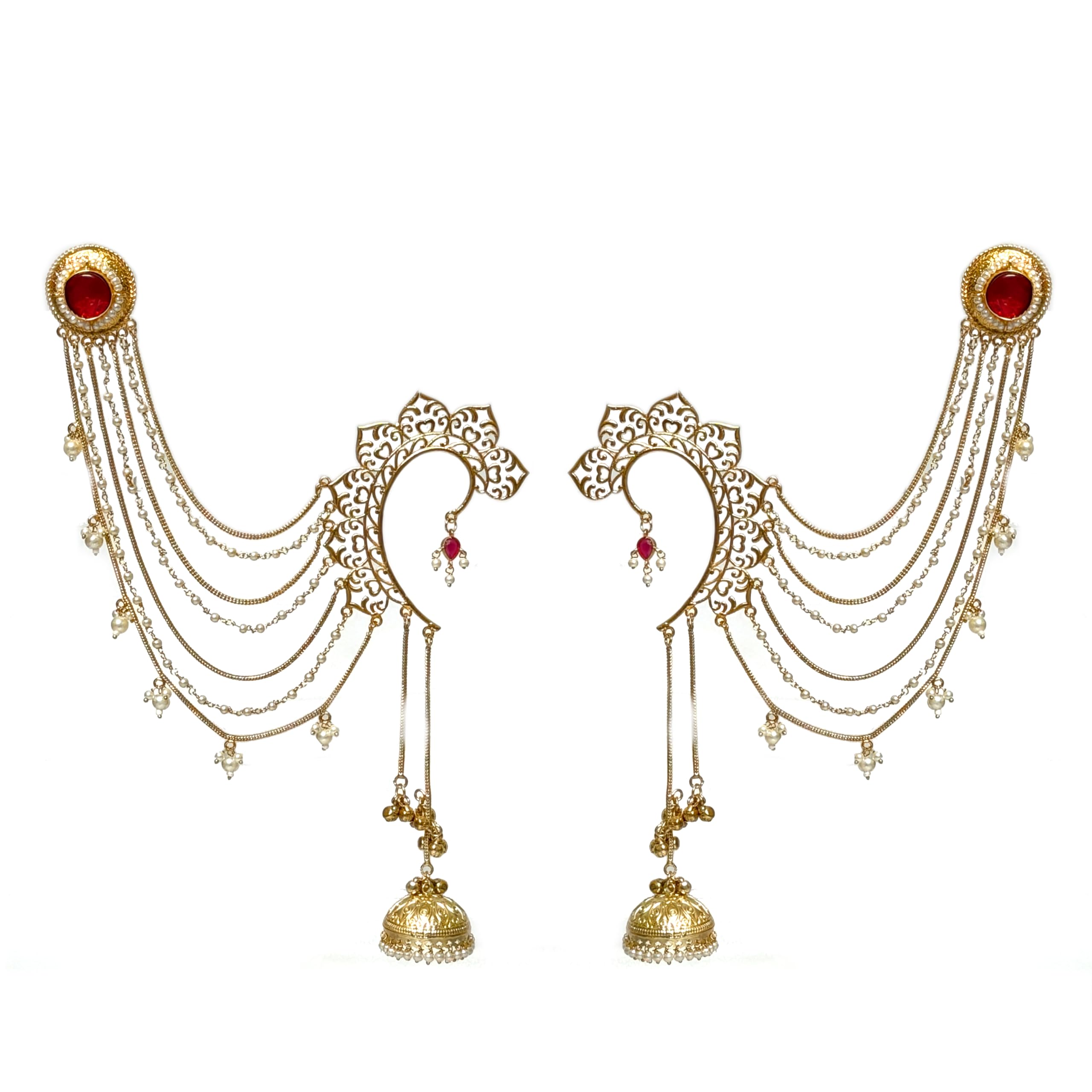 Non Piercing Ear Cuff Passa with Hair Chain for Women & Girls | Gold Tone Pearl Chain Jhoomar Ear Accessory | Bridal Mehendi Sangeet Wedding Jewelry-image-35