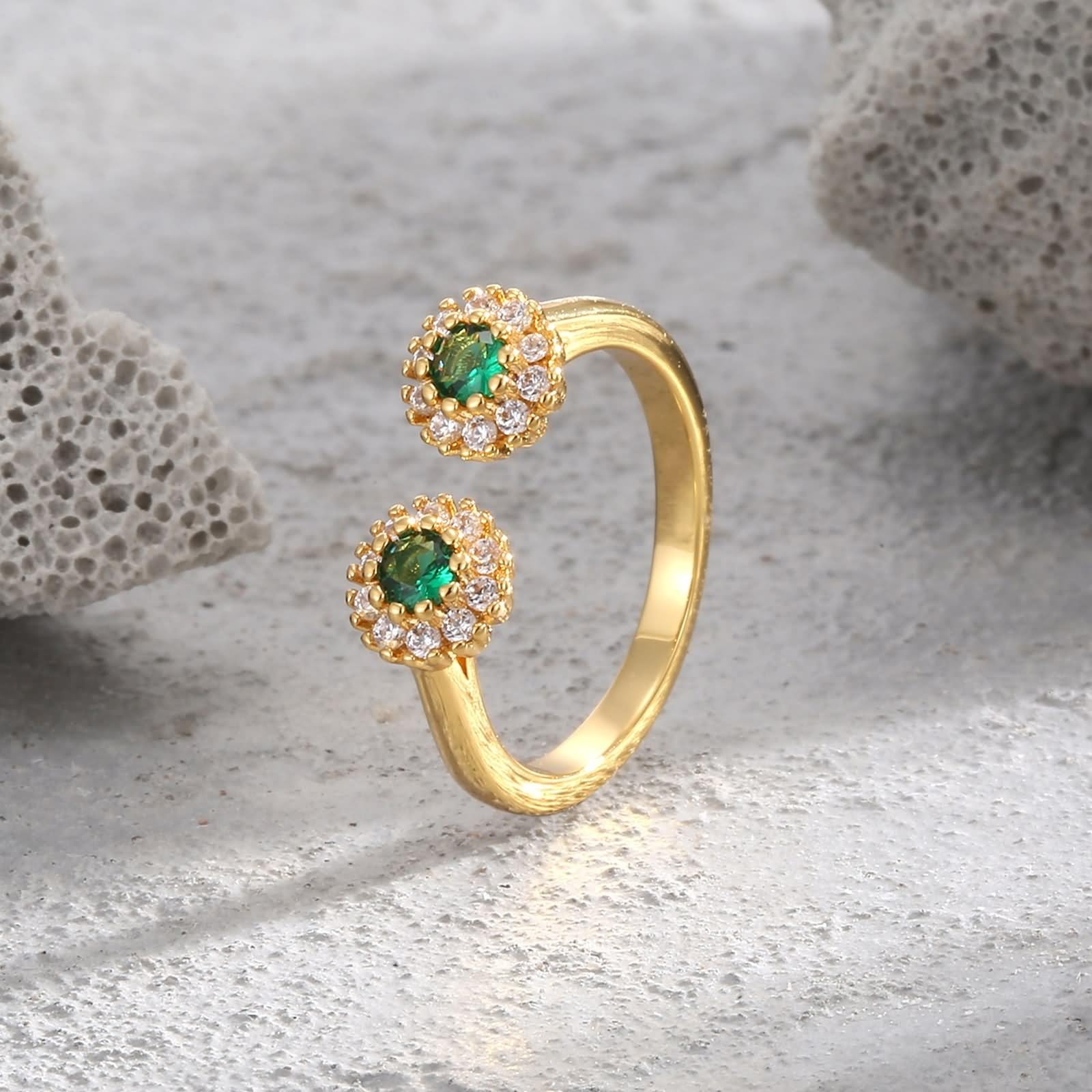 Delicado anillo para mujer, anillo de boda abierto, anillo de flores, ajustable con verde de corte redondo en laboratorio, esmeralda, oro amarillo