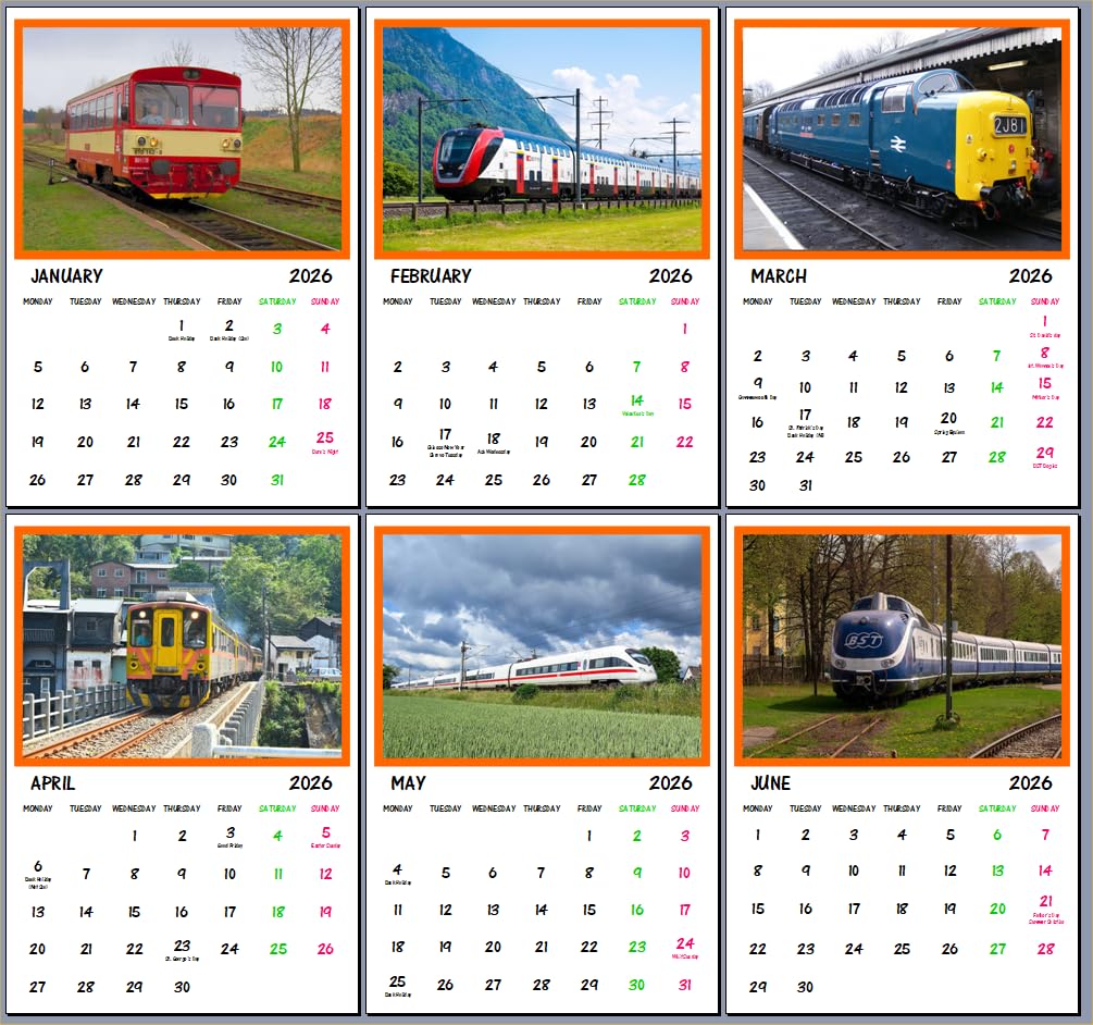 Modern Trains 2027 Wall Calendar A4 Size each Month