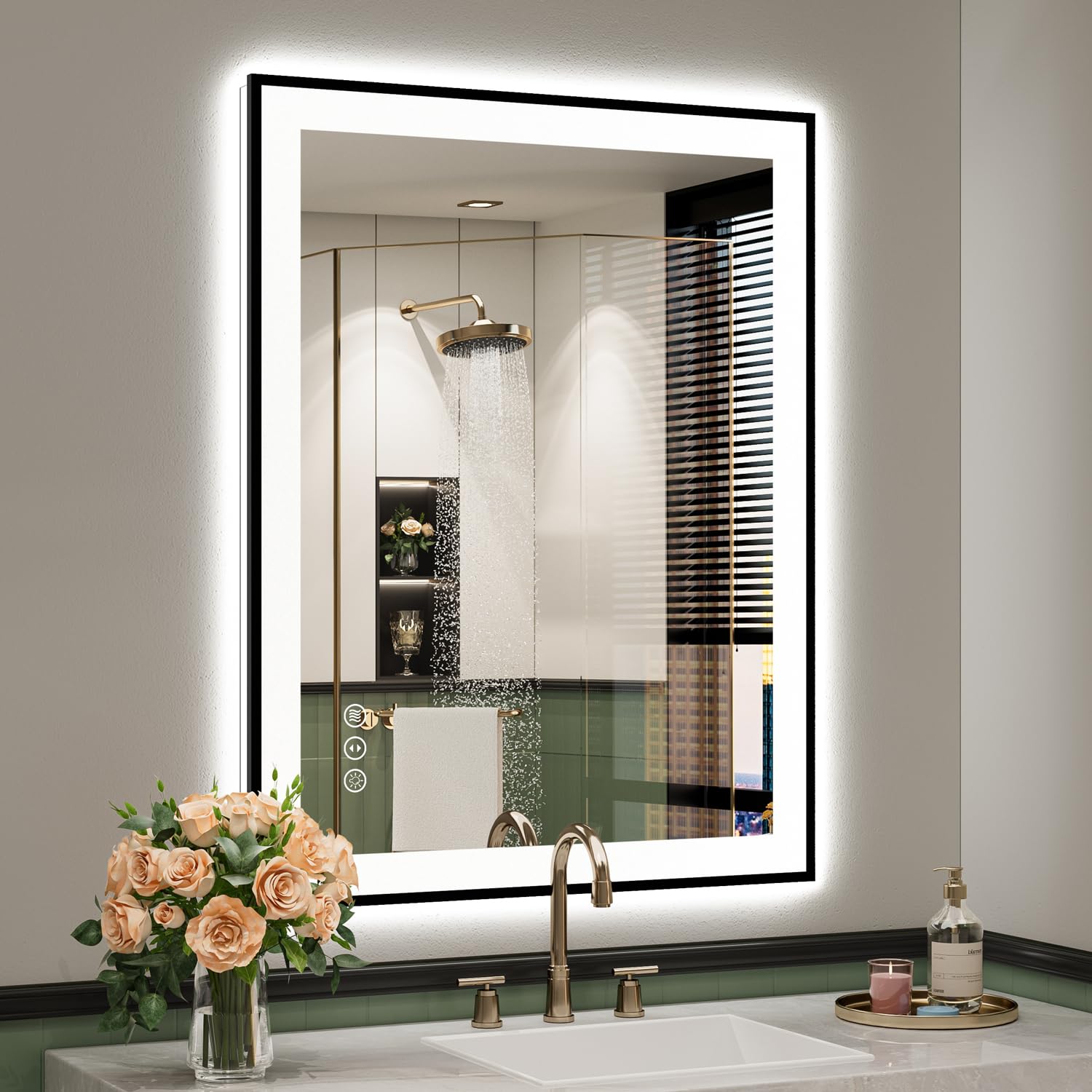 28x36 Inch LED Bathroom Mirror with Lights (Front Lit and Backlit) Black Framed Lighted Vanity Mirror for Bathroom Wall Dimmable Anti-Fog Memory Tempered Glass Horizontal/Vertical