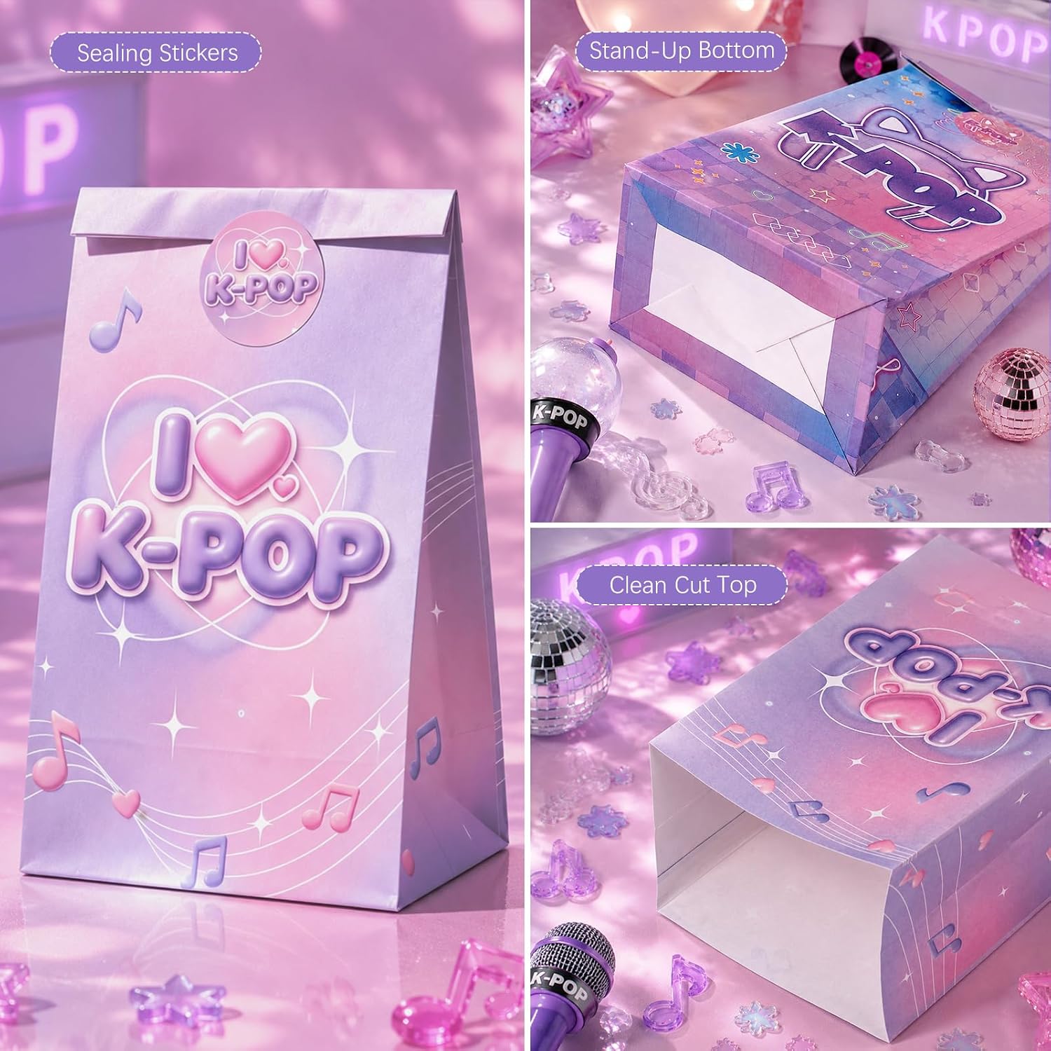 Joviwrap 24 Pack Kpop Party Favor Bags with Stickers, K-pop Themed Goodie Treat Bags, Music Theme Gift Candy Bags for Birthday, Teens Fans Party Supplies, 8.6 x 4.7 x 3.1 Inch