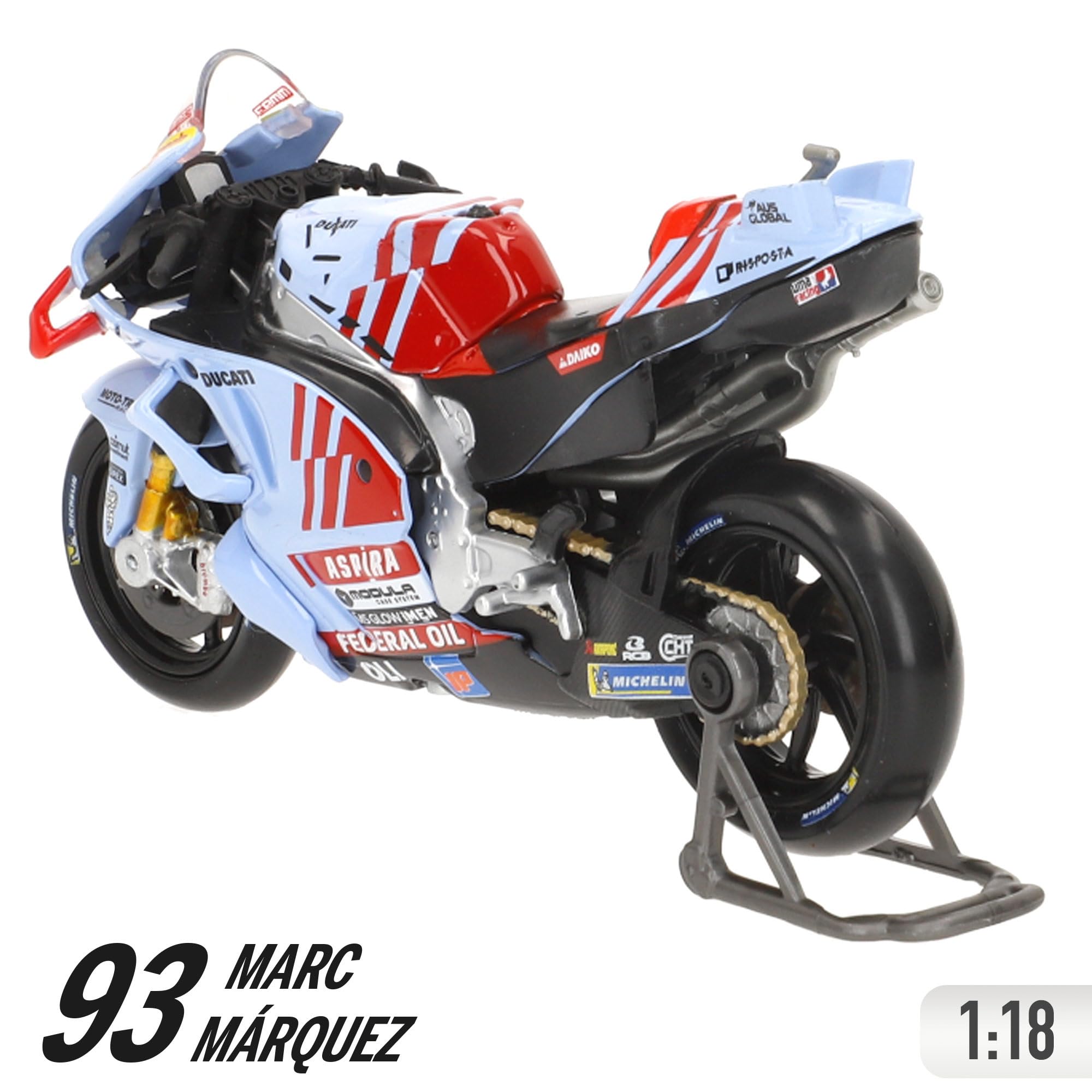 MAISTO Maqueta MotoGP 2024 Ducati Gresini Marc Márquez, Dorsal 93, Escala 1:18 con soporte exhibición, Metal die-cast, Fórmula 1, Moto de carreras, +3 años (78119) — view 2