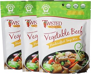 Twisted Pepper Co. Farmers Market Vegetable Beef Soup Mix, 3 Pack, Gluten Free, Light Sodium, No Added MSG, 10 servings per packge, quick and easy to make in less than 30 minutes.
