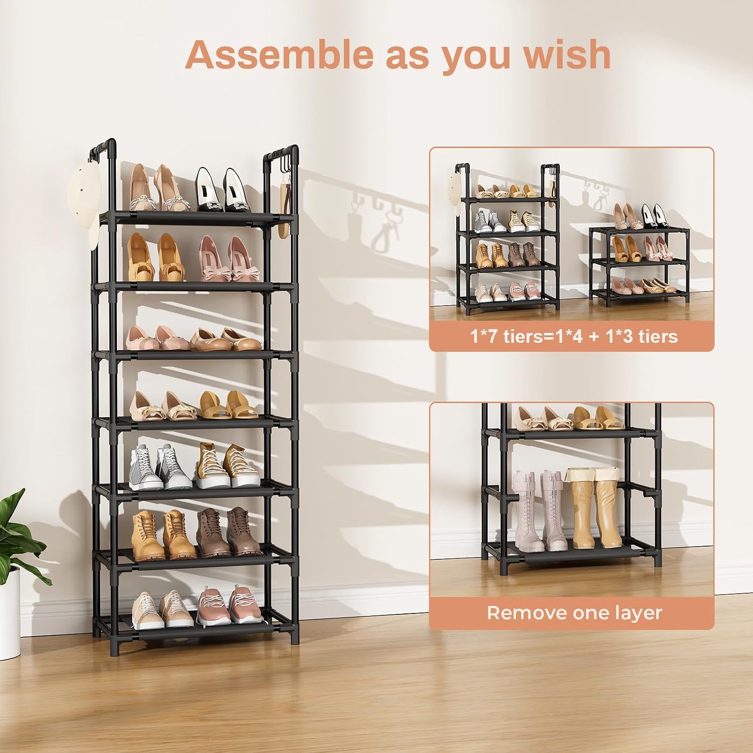 LANTEFUL 7 Tiers Shoe Rack 18-20 Pairs Boots Organizer Storage Sturdy Narrow Shoe Shelf for Entryway, Closets with Hooks, Black image 5
