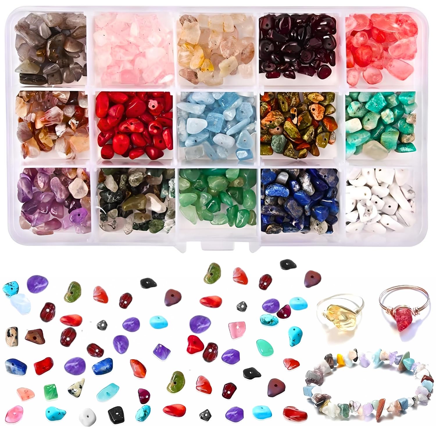 Limos 844pcs Natural Chip Gemstone Beads for Jewellery Making Kits 15 Colors Irregular Shaped Loose Crystal Stone Beads for Healing Bracelets Necklace Gemstone