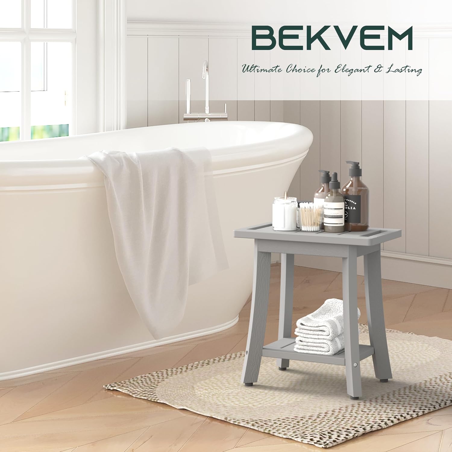Waterproof Shower Benches for Inside Shower, Poly Lumber Shower Stool with Storage Shelf & Adjustable Feet, SPA Bathroom Seat Chair for Shaving Legs, Indoor or Outdoor Use, Grey