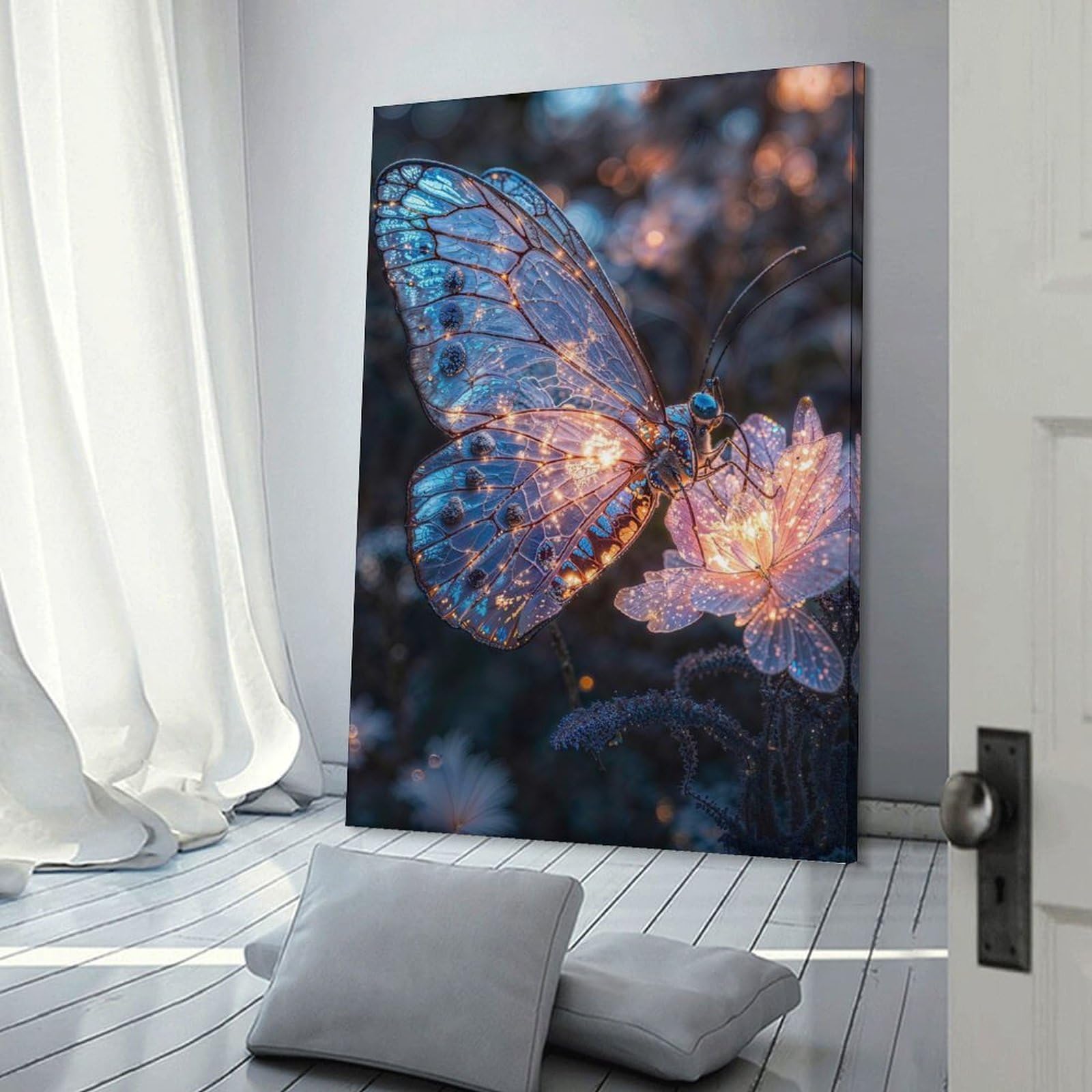 Junmoney Frame-Style-19 Wall Picture Print Glowing Butterfly On Flower, 08X12inch(20X30cm), For Wall Displays, Bedrooms Or Room Updates, Wall Decor Suited To Curated Displays