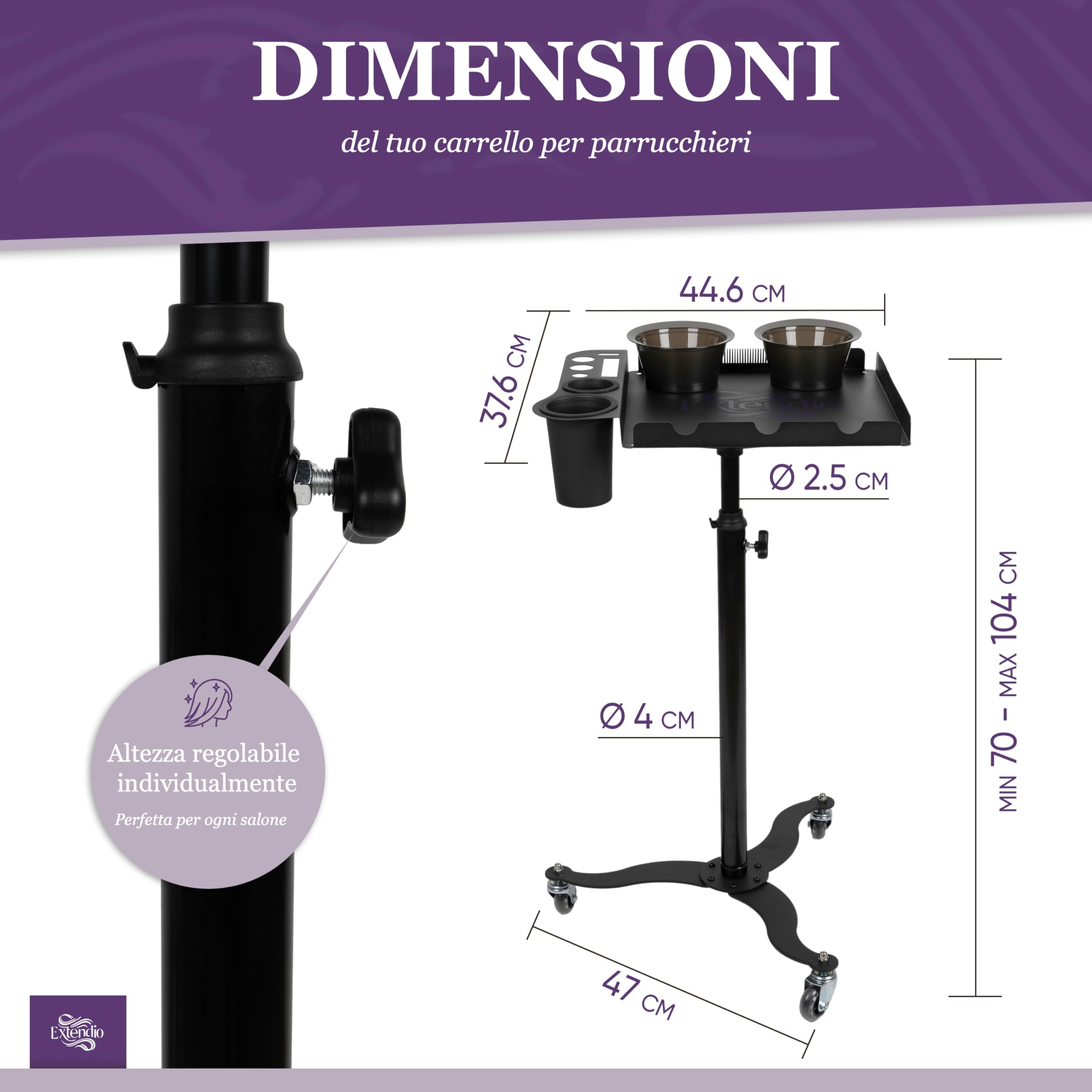 Carrello professionale per parrucchieri – mobile, regolabile in altezza e resistente al calore | Ciotole magnetiche e supporto pettine per extension – Perfetto per saloni e parrucchieri a domicilio