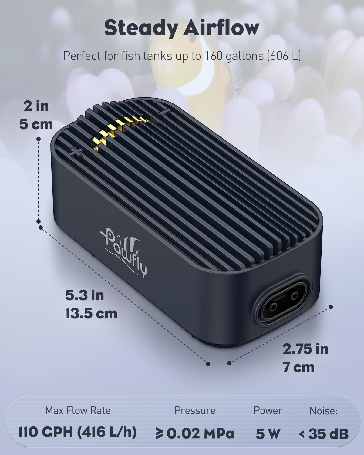 Pawfly Aquarium-Luftpumpe, 416 L/h Luftpumpe für Aquarien bis zu 606 L, extrem leise, einstellbare Sauerstoffpumpe mit Luftschlauch, Ausströmerstein und Rückschlagventil, Belüfter für Fische