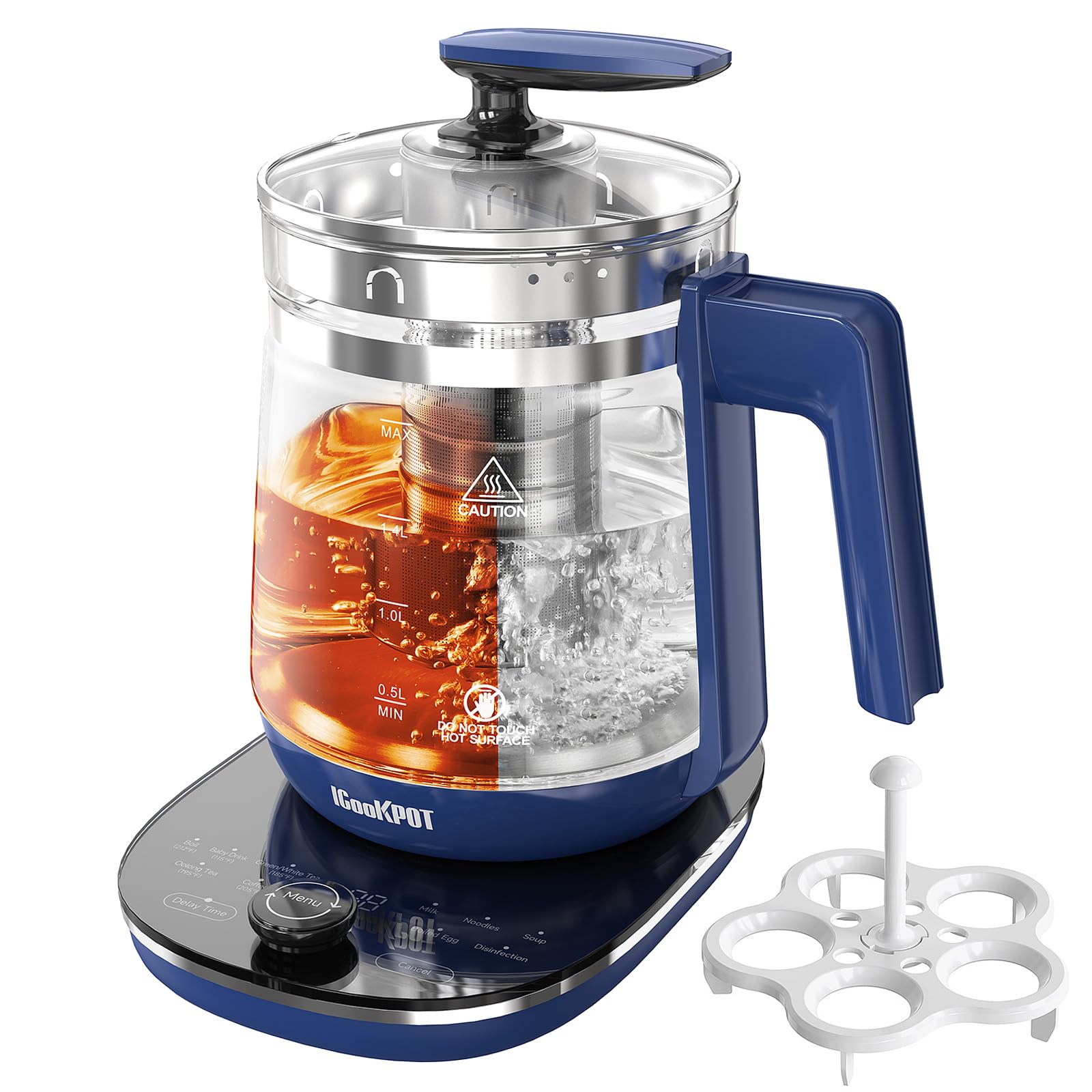 ICOOKPOT Electric Tea Kettle – 2L Stainless Steel, Temp & Programmable Control, Glass Body with Tea Infuser |Coffee | Includes Egg Cooker & Yogurt Box – Black